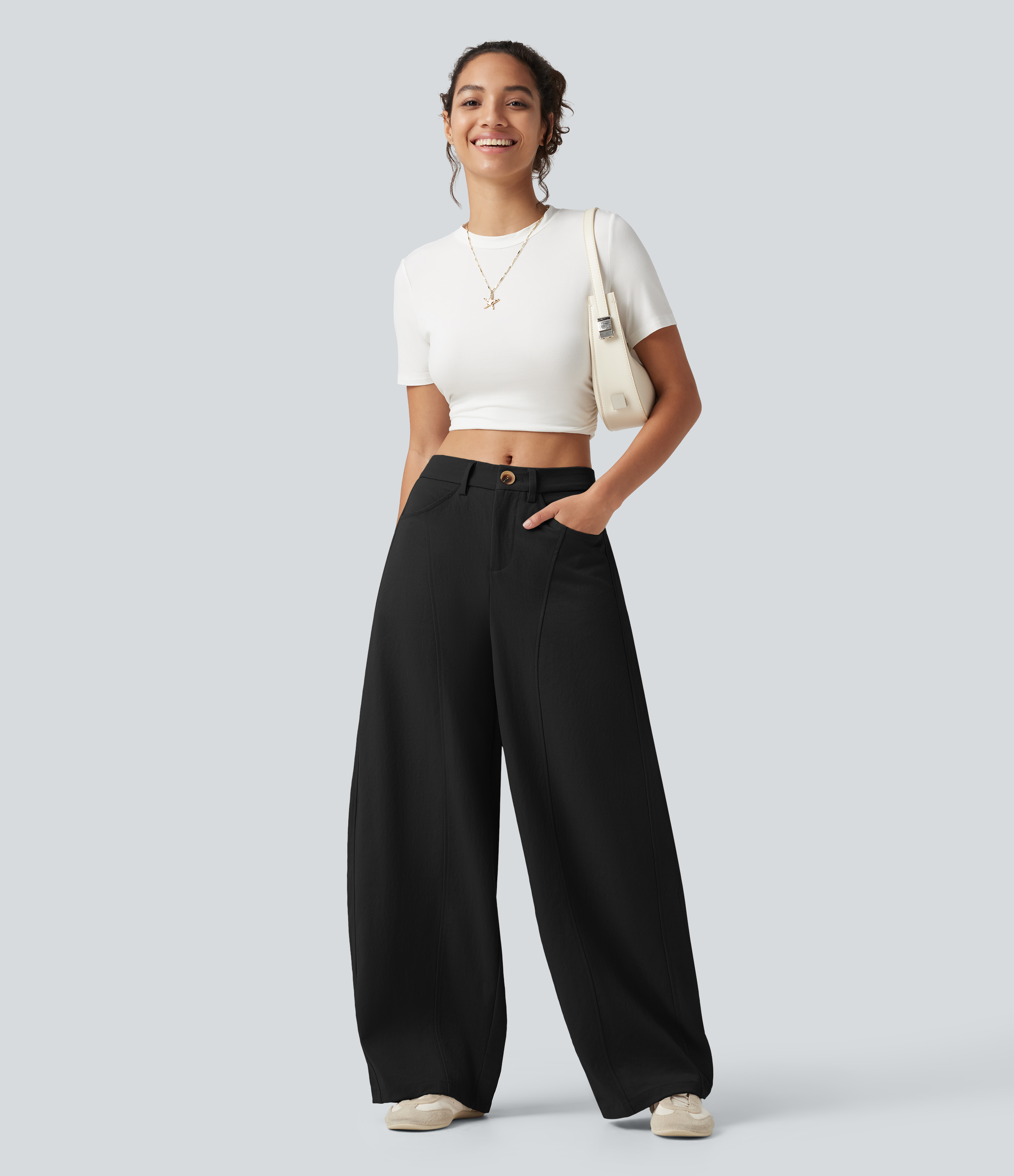 Pantalon casual taille mi-haute coupe barrel avec poches