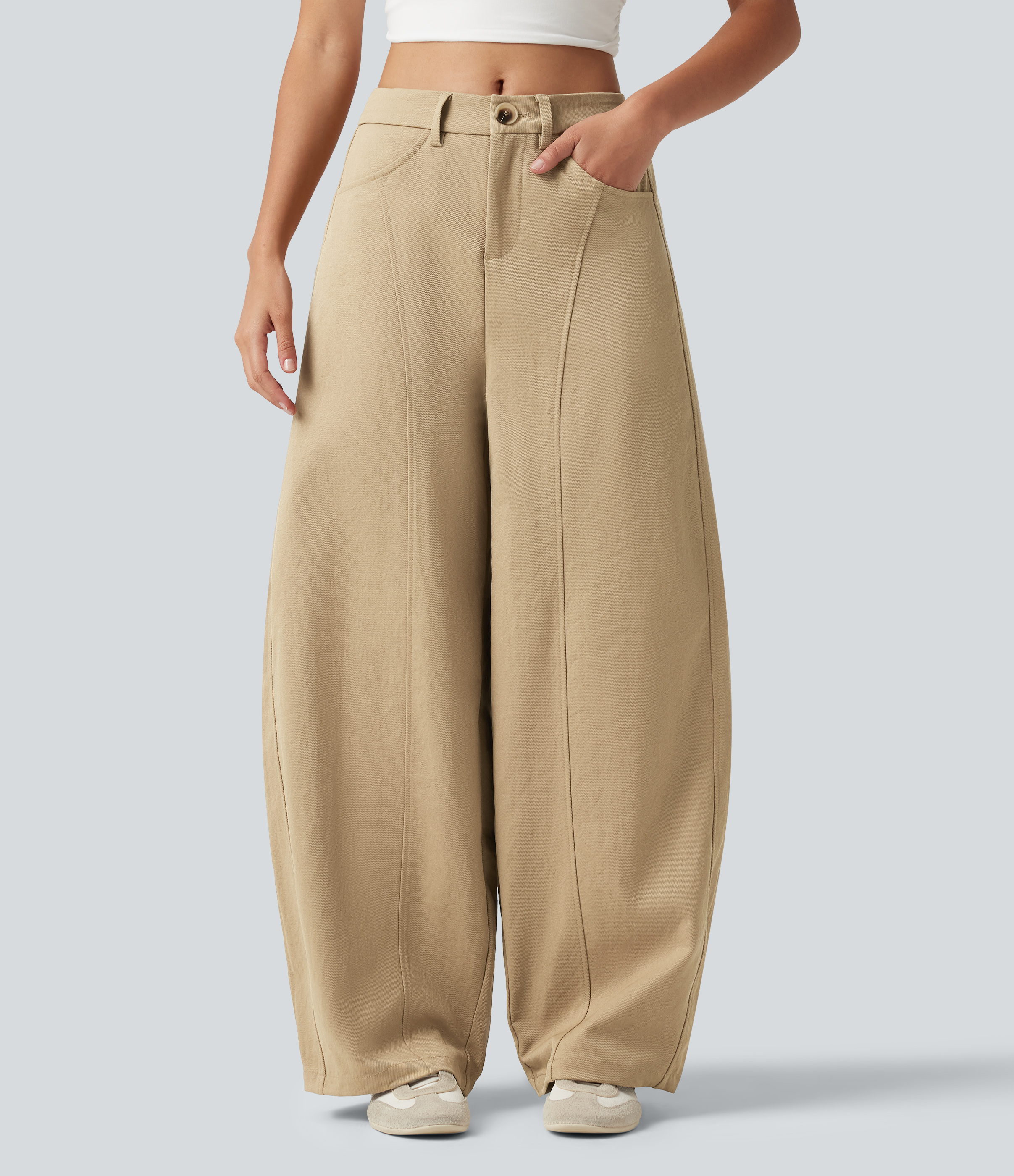 Mid Rise Casual Barrel Leg Pants with Pockets