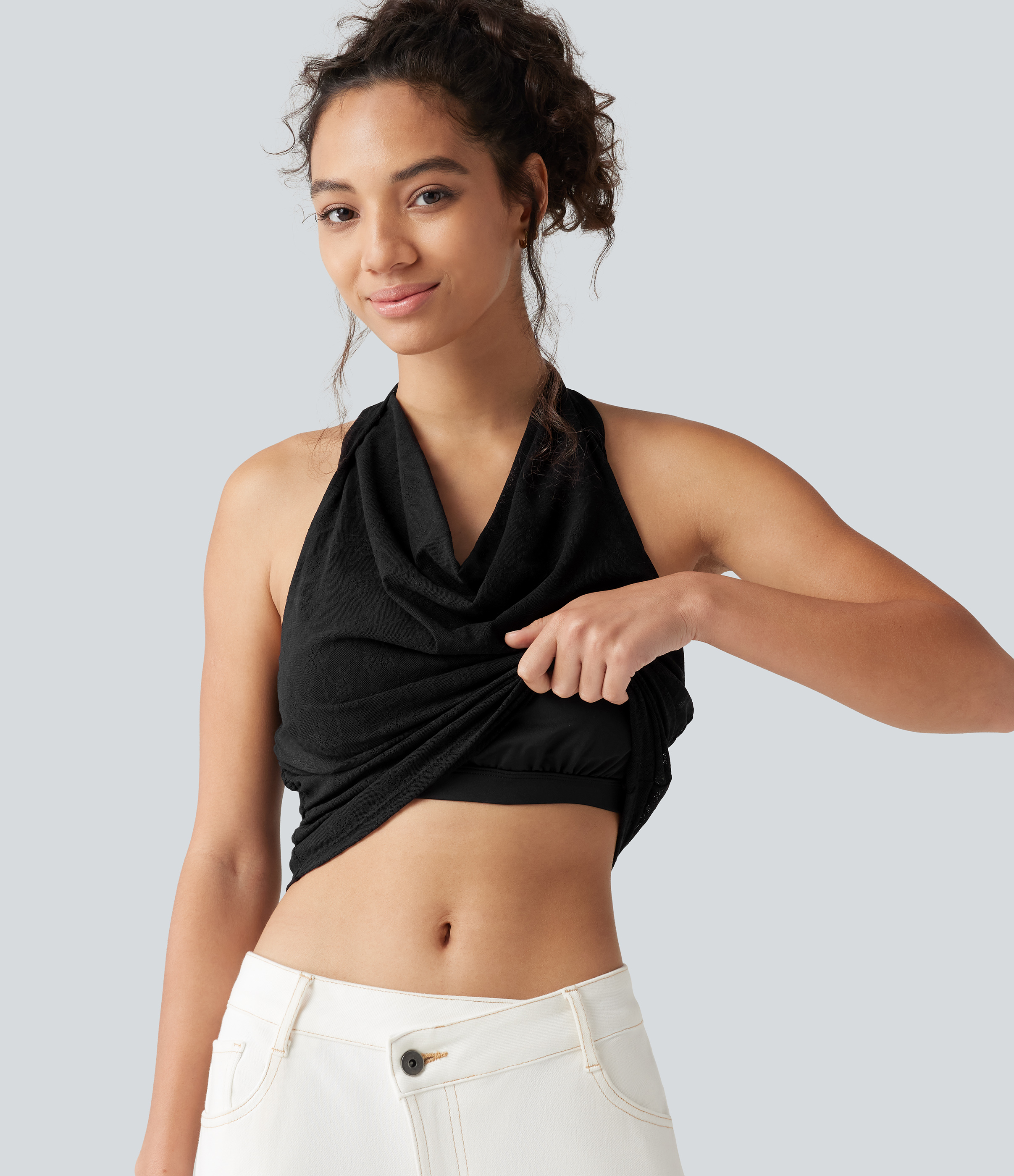 Halter Cowl Neck Built-in Bra Ruched Lace Casual Tank Top