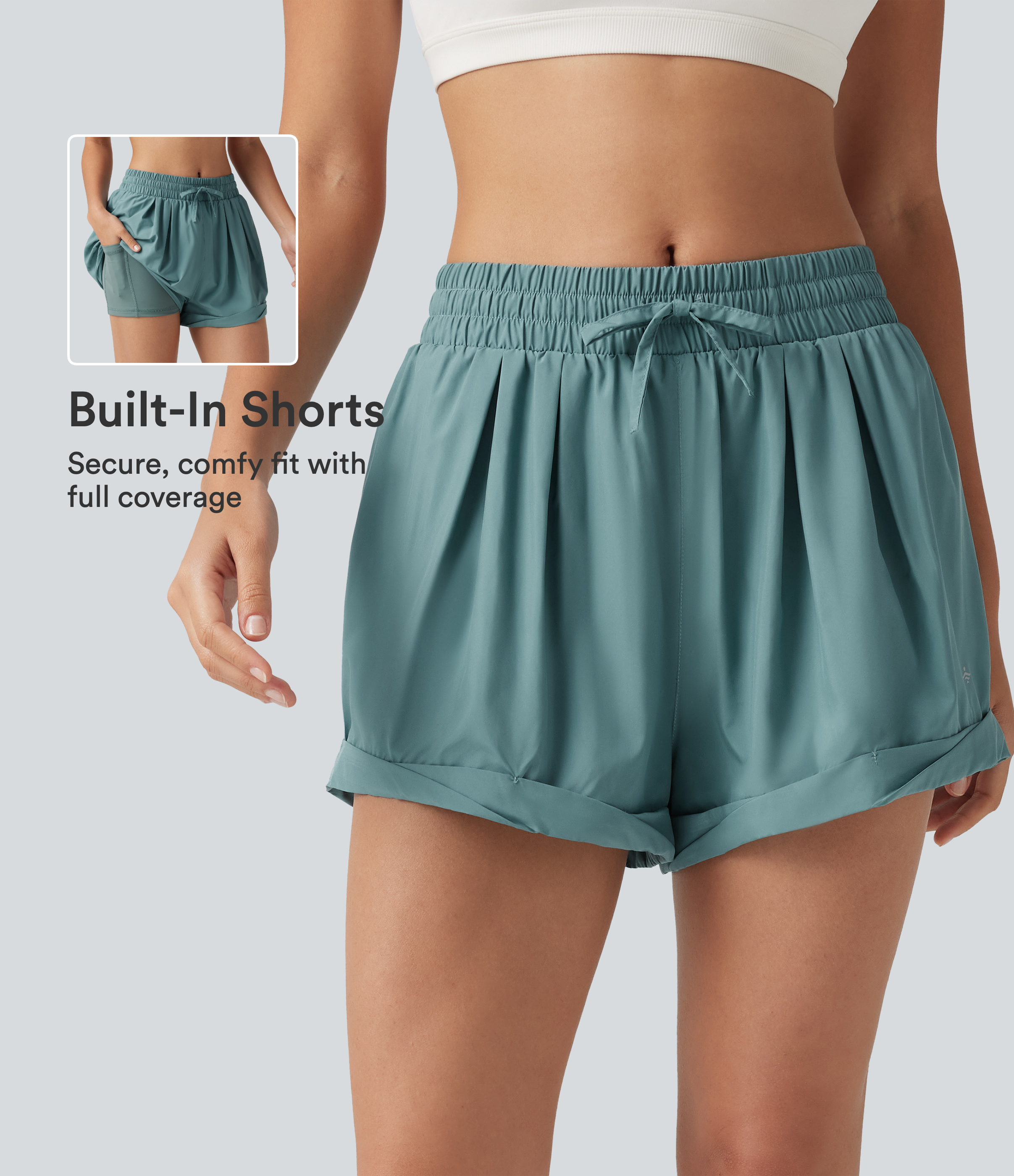 Mid Rise Drawstring 2-in-1 Baggy Running Shorts with Pocket