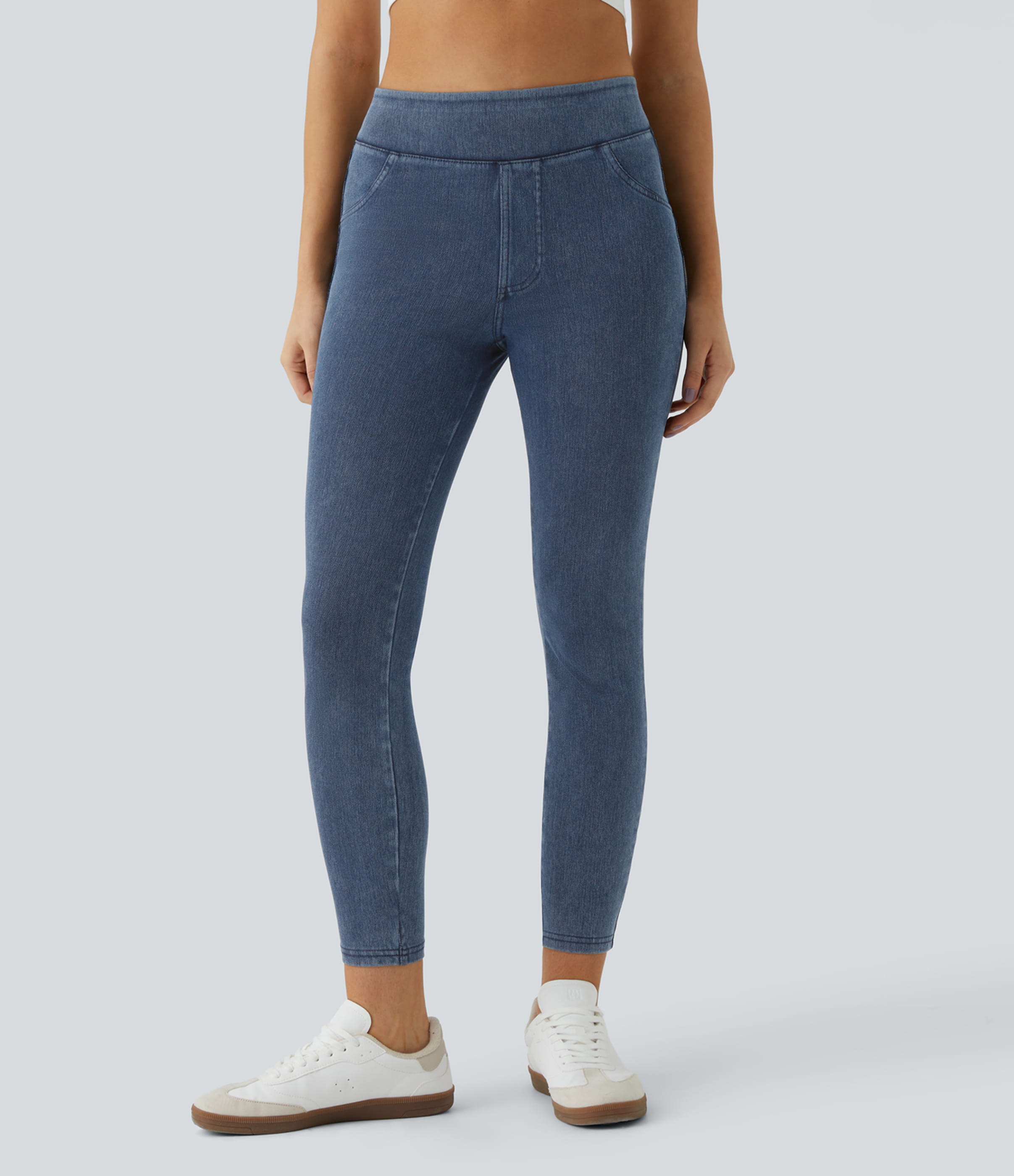 Washed Denim Bleached Blue Halara Flex™ Leggings décontractés en jean à taille haute avec poches / 2