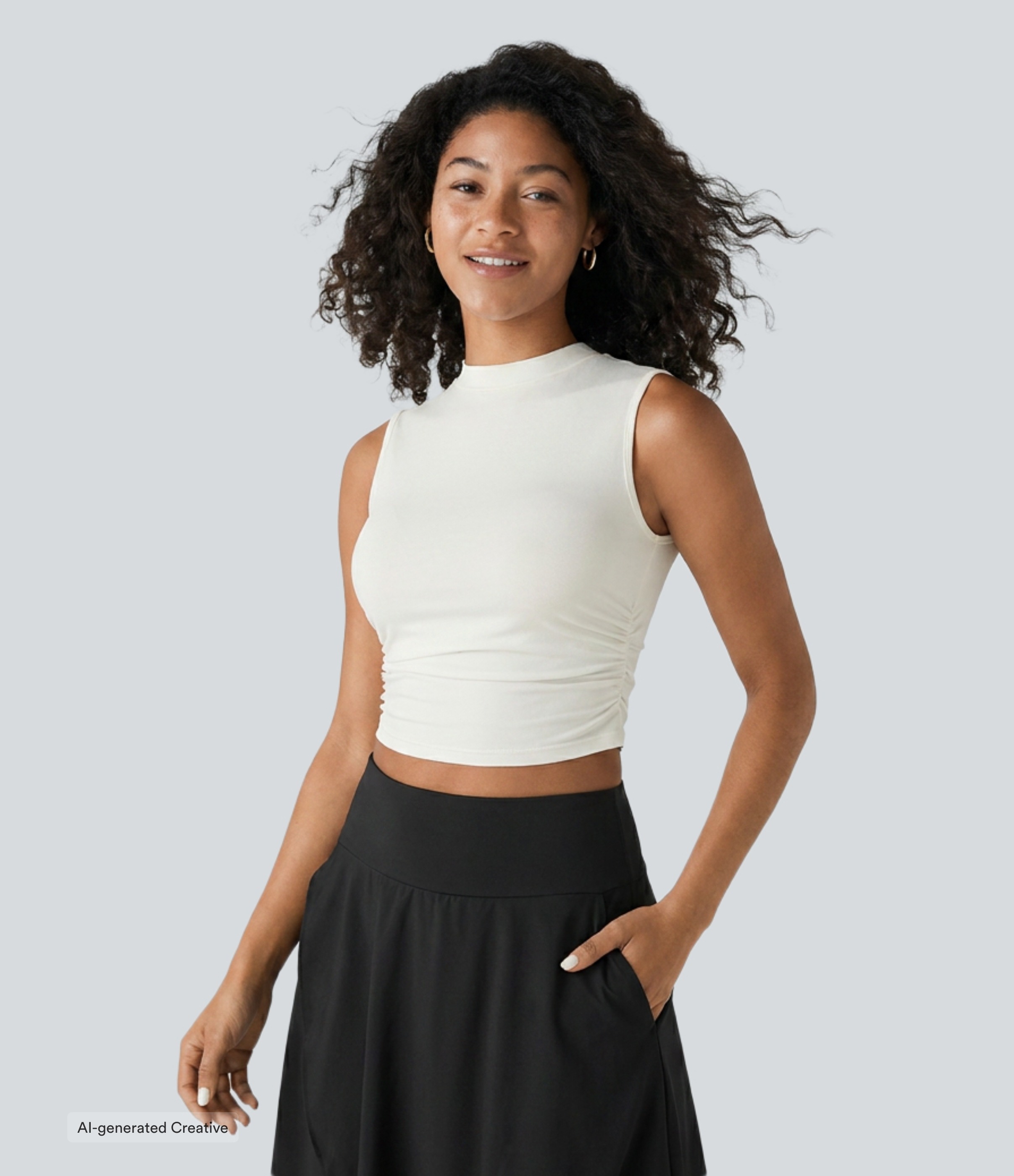 White Round Neck Ruched Skinny Cropped Casual Tank Top / 1