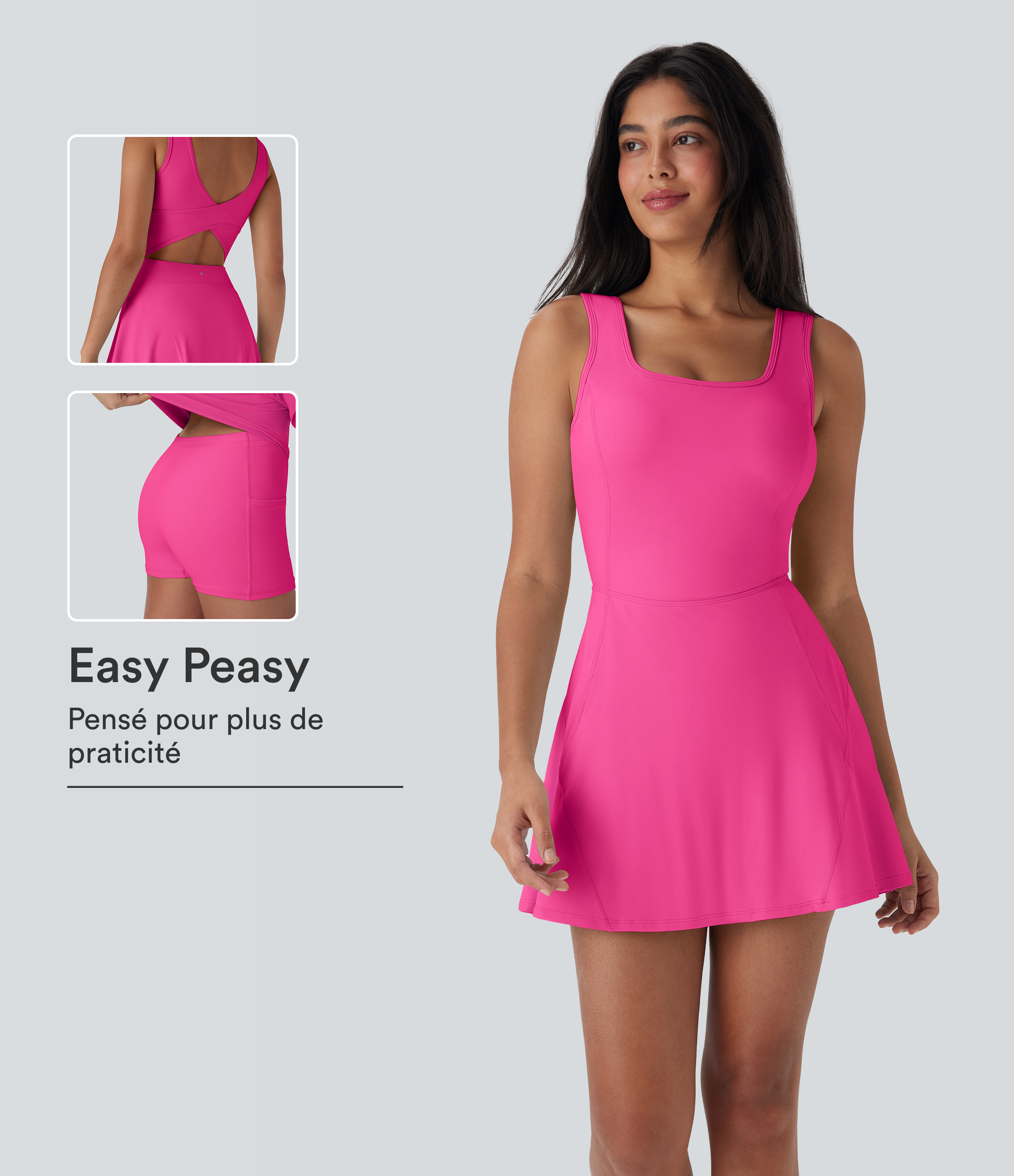 Softlyzero™ Airy Robe active mini de danse 2-en-1 dos nu, encolure en U, bretelles croisées, poches latérales et toucher frais - Facile à enfiler
