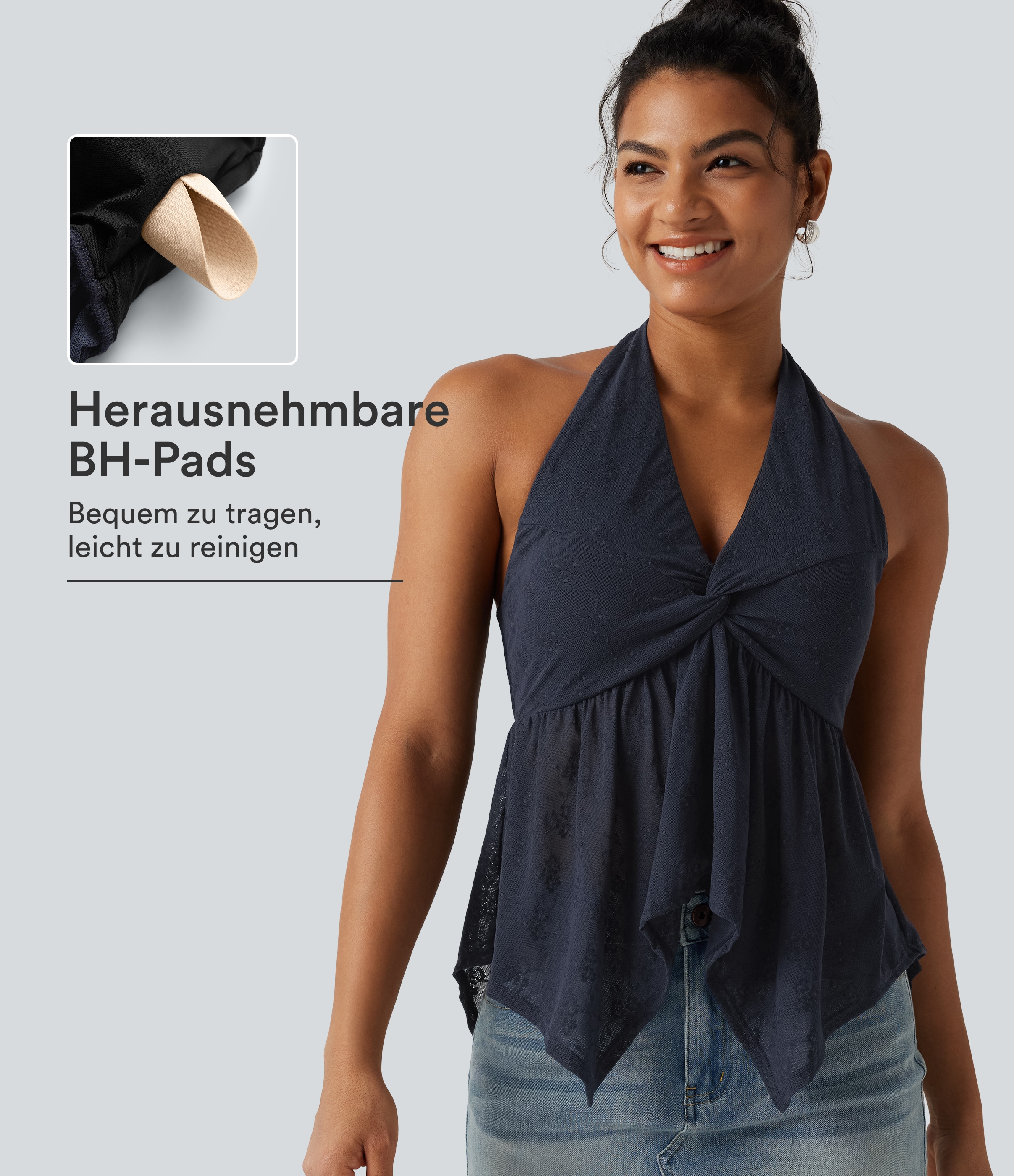 Rückenfreie Bluse mit eleganter Spitze, Neckholder, integriertem BH und Rüschensaum
