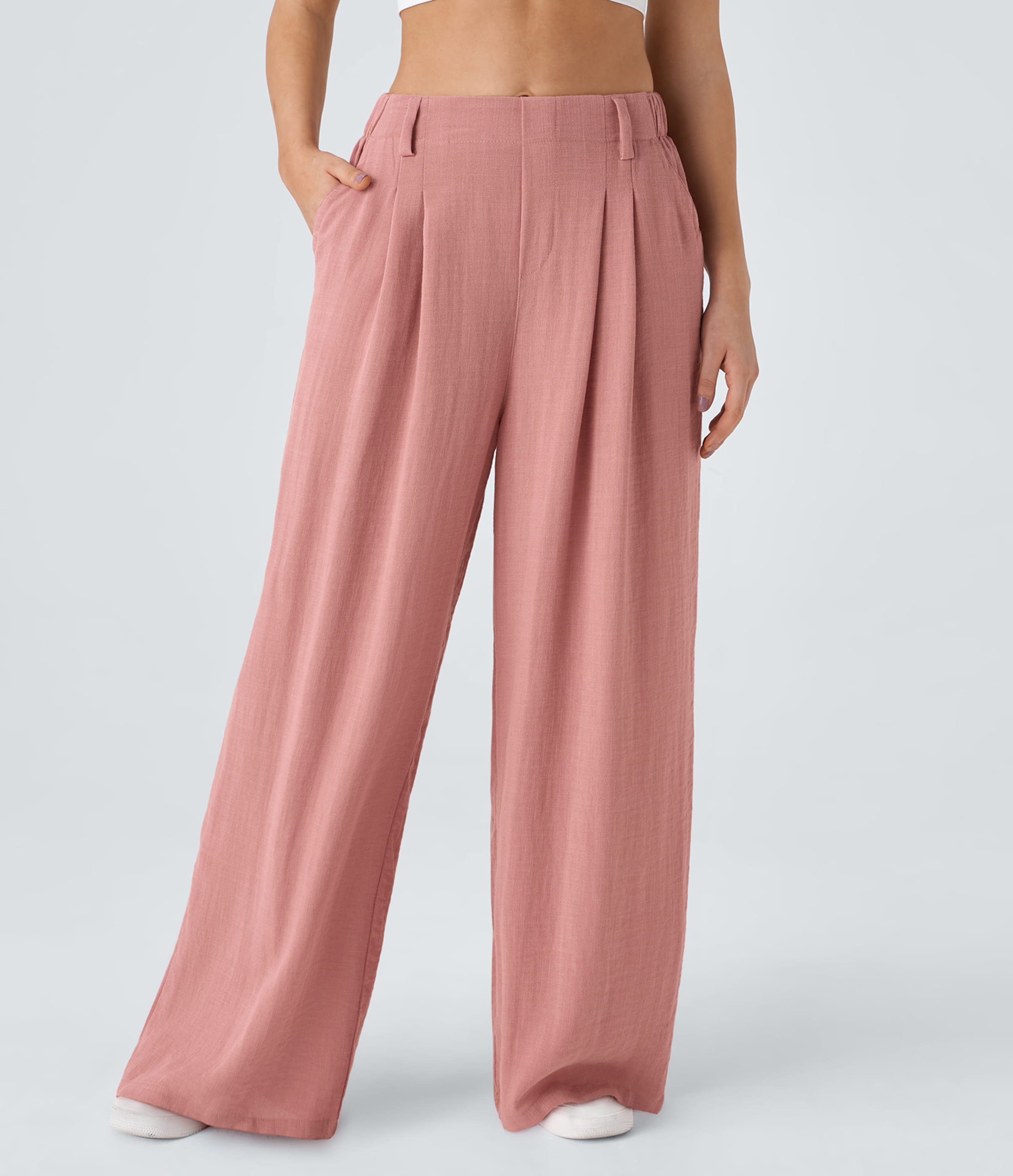 Fließende Palazzo-Hose mit hohem Bund, Seitentaschen und weitem Bein - leinenähnliches Material