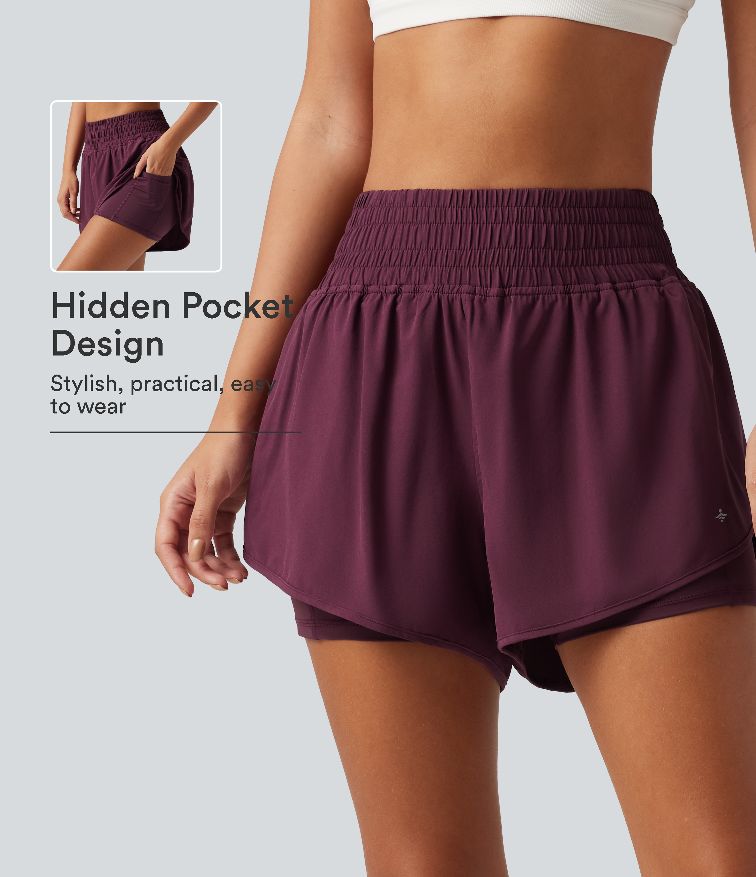 Breezeful™ High Waisted 2-in-1 Crossover Curved Hem Quick Dry Running Shorts 3'' with Pockets