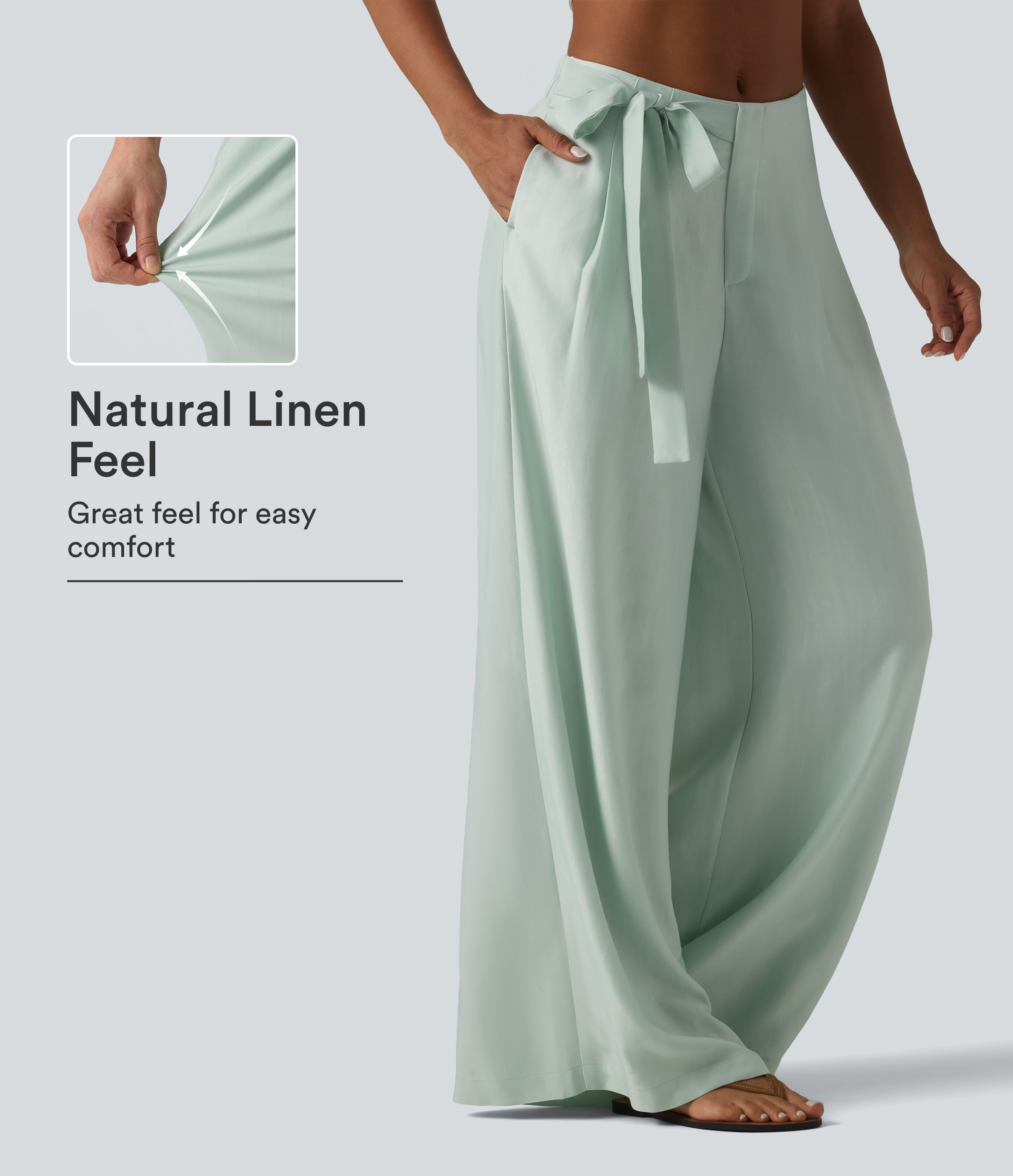 High Waisted Tie Side Baggy Linen-Blend Pants with Pockets