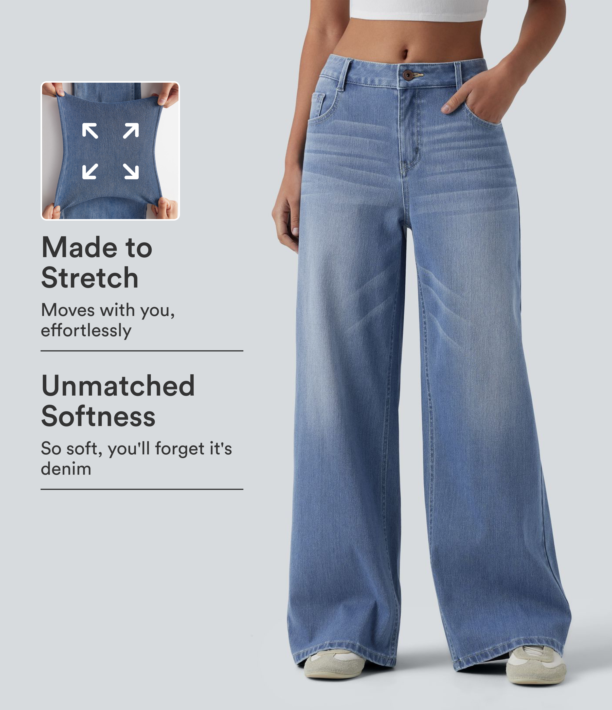 Halara Flex™ Mid Rise Washed Baggy Wide Leg Casual Jeans with Pockets