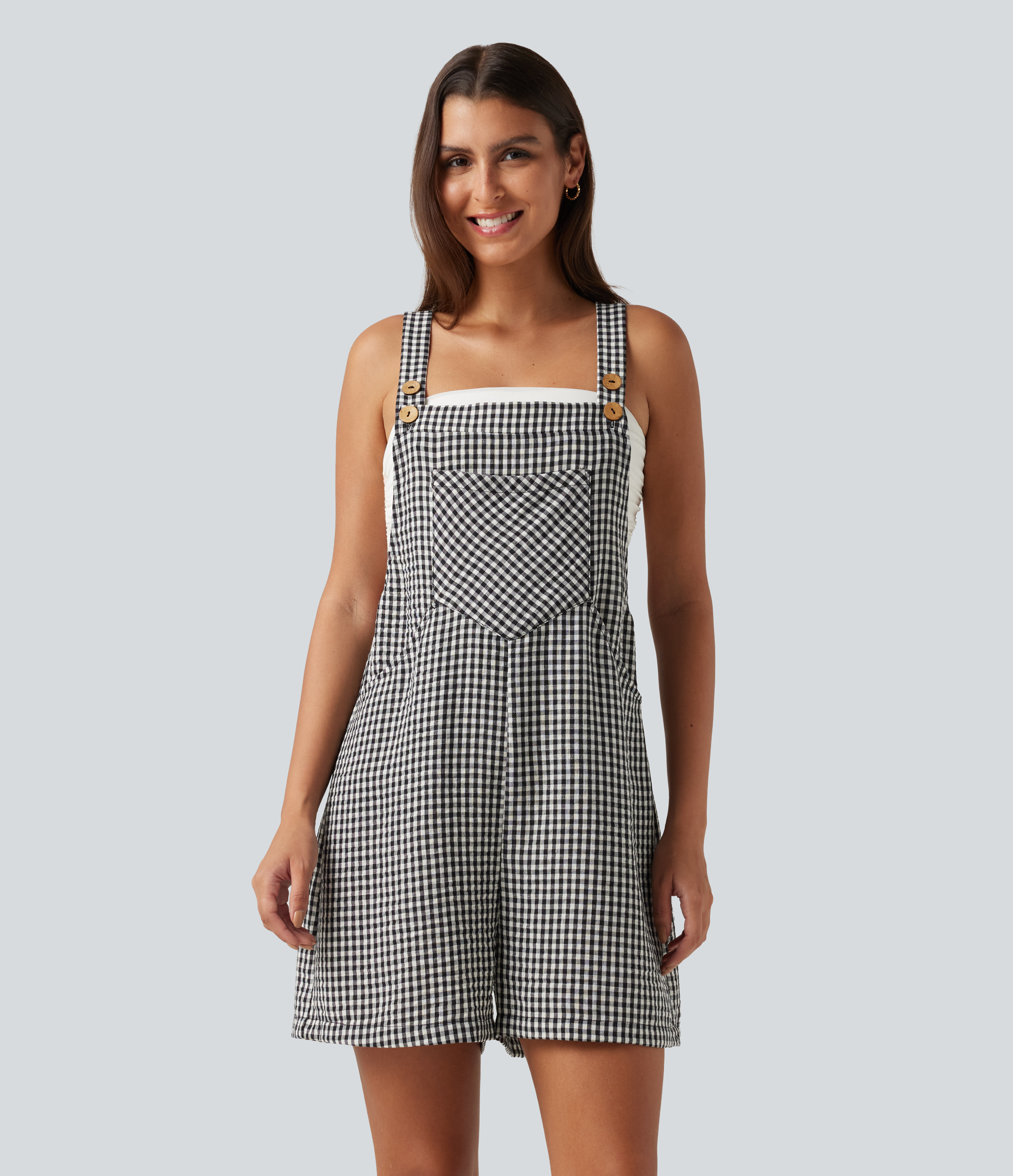 Plaid Casual Linen-Feel Short Overalls with Pockets