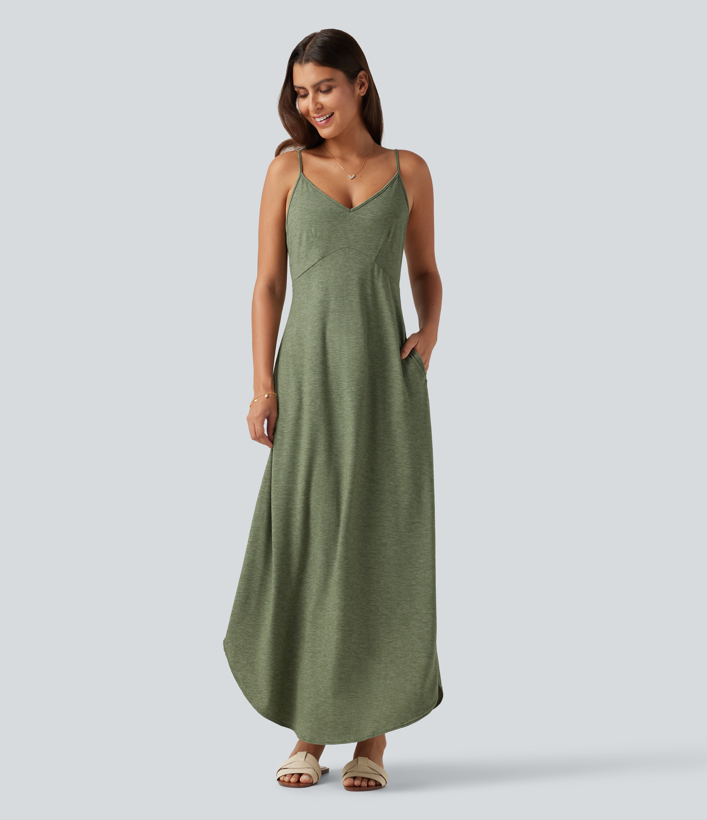 V Neck Split Hem Maxi Casual Slip Dress with Pockets
