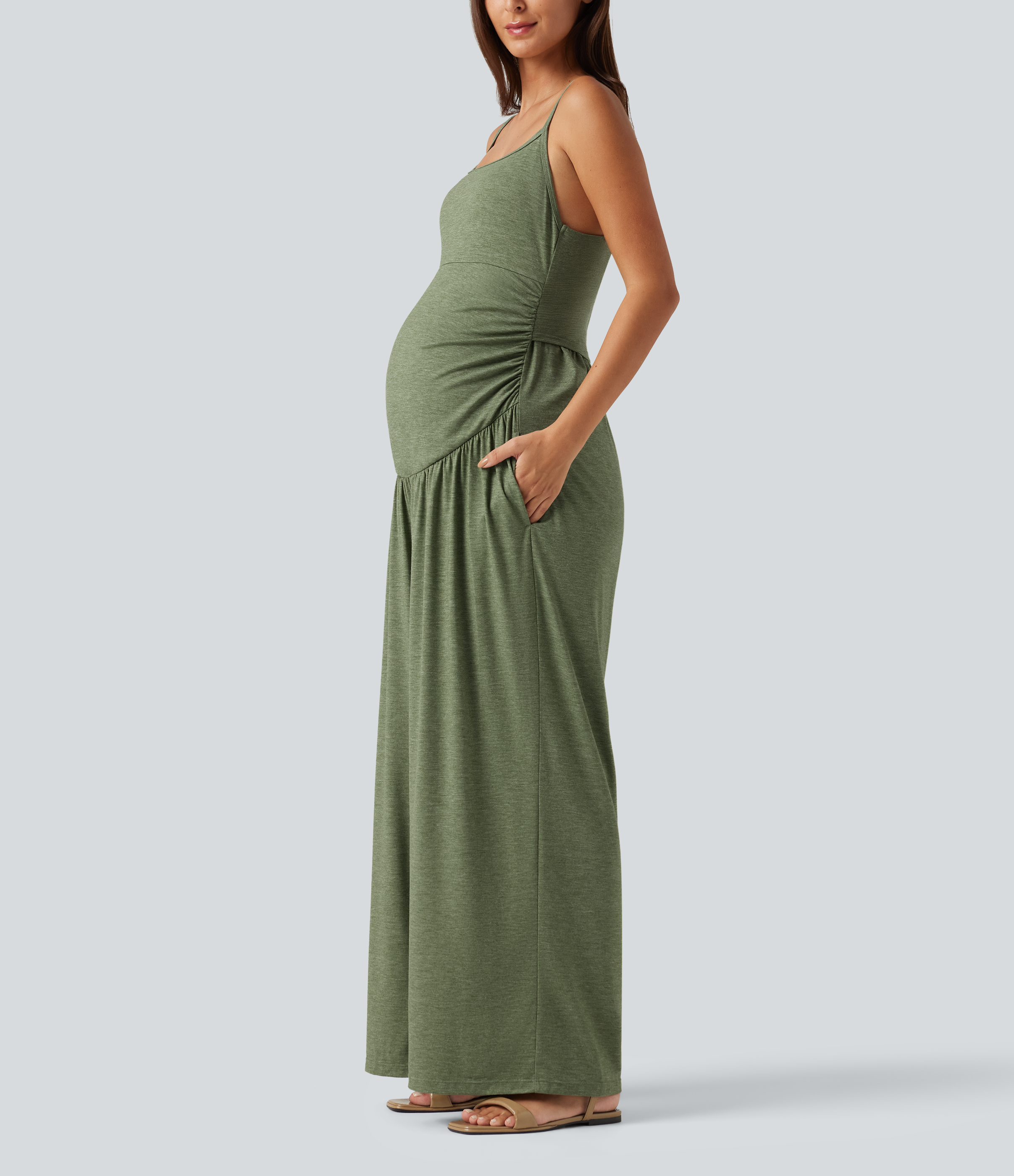 Built-In-Bra Ruched Wide Leg Heathered Casual Maternity Slip Jumpsuit with Pockets-Easy Peezy Edition