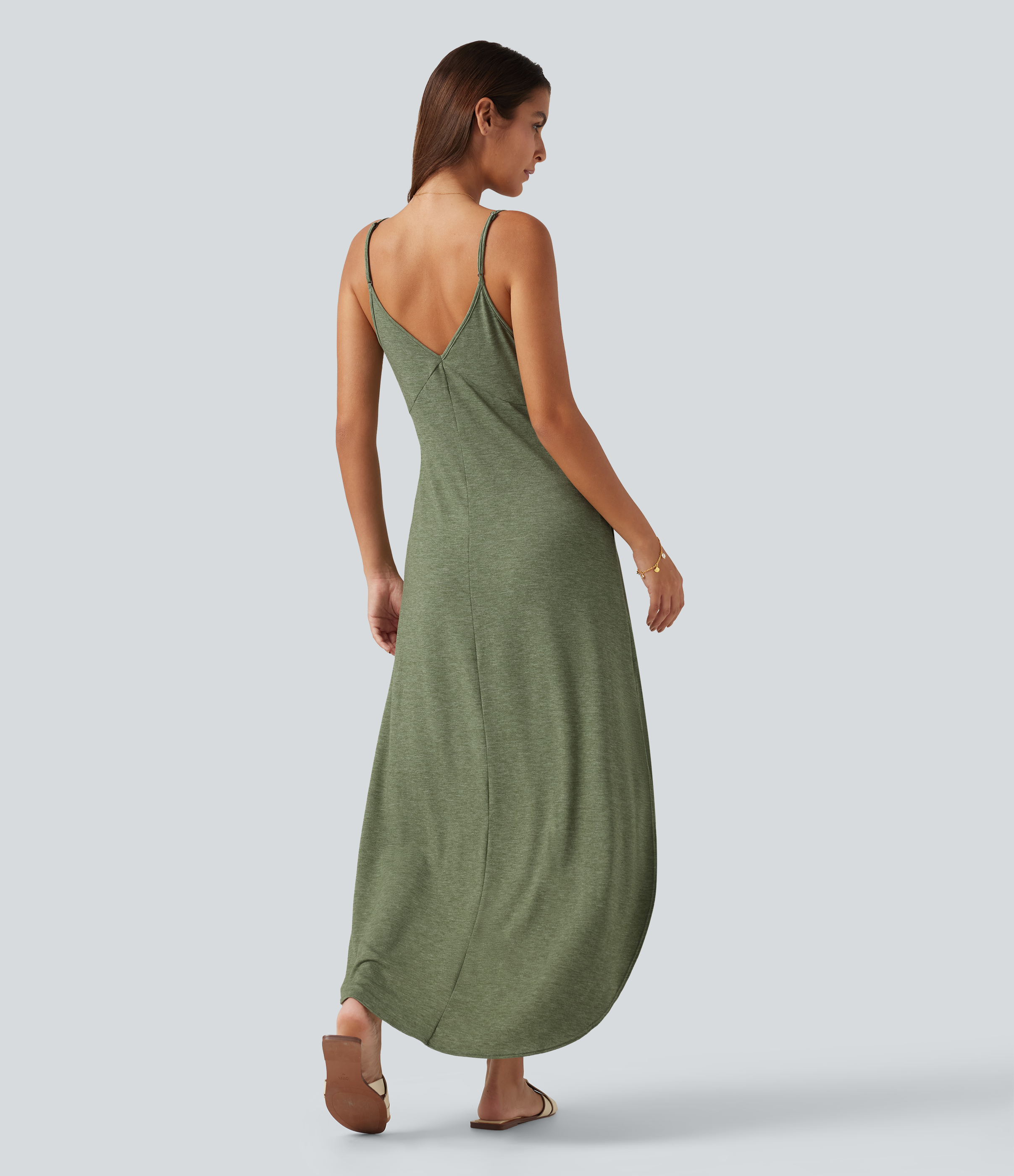 Light Green Floral Yarn V Neck Split Hem Maxi Casual Slip Dress with Pockets / 2