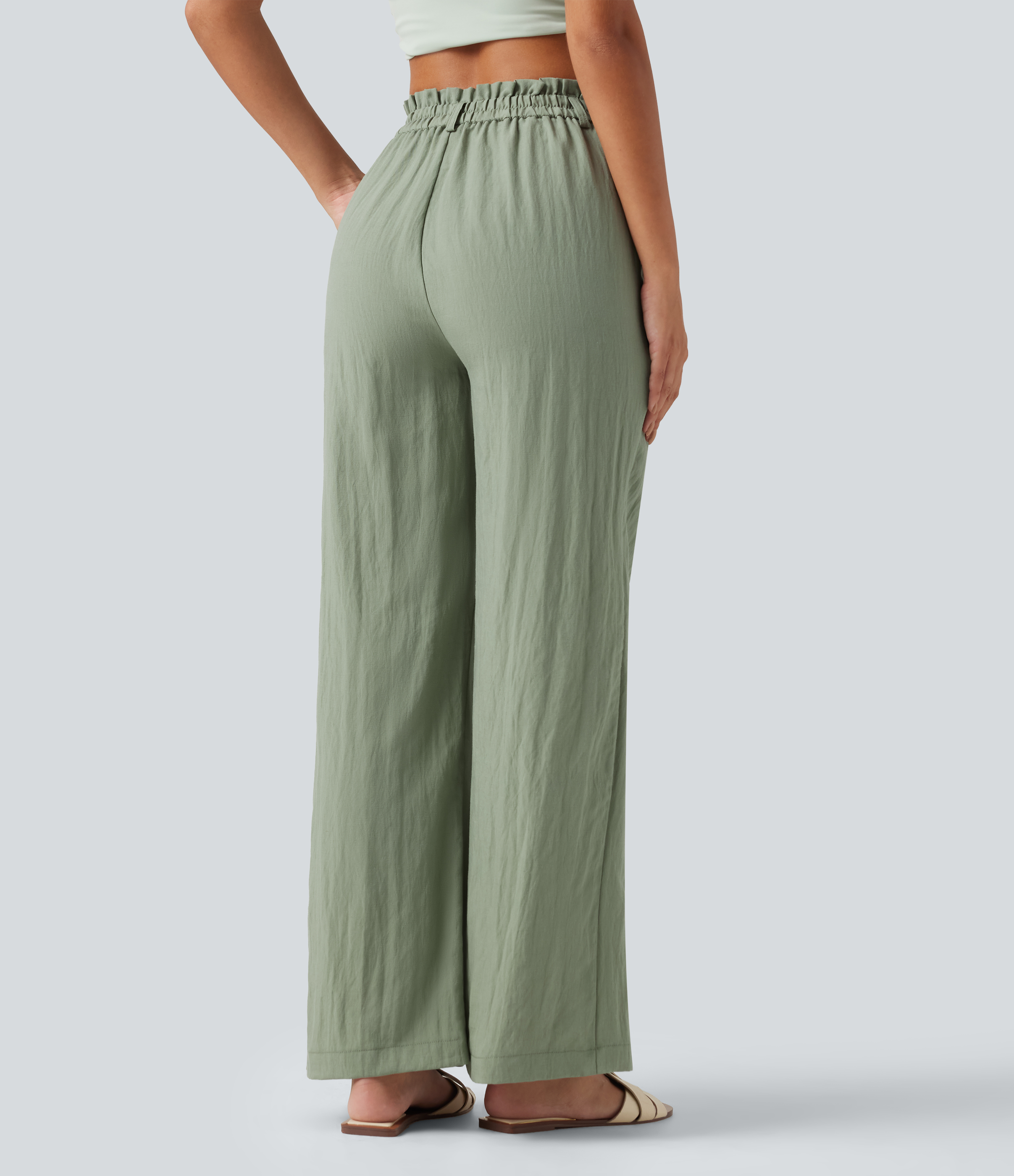 Sea Spray Pantalon décontracté taille haute à jambes larges en mélange de lin avec poches / 2