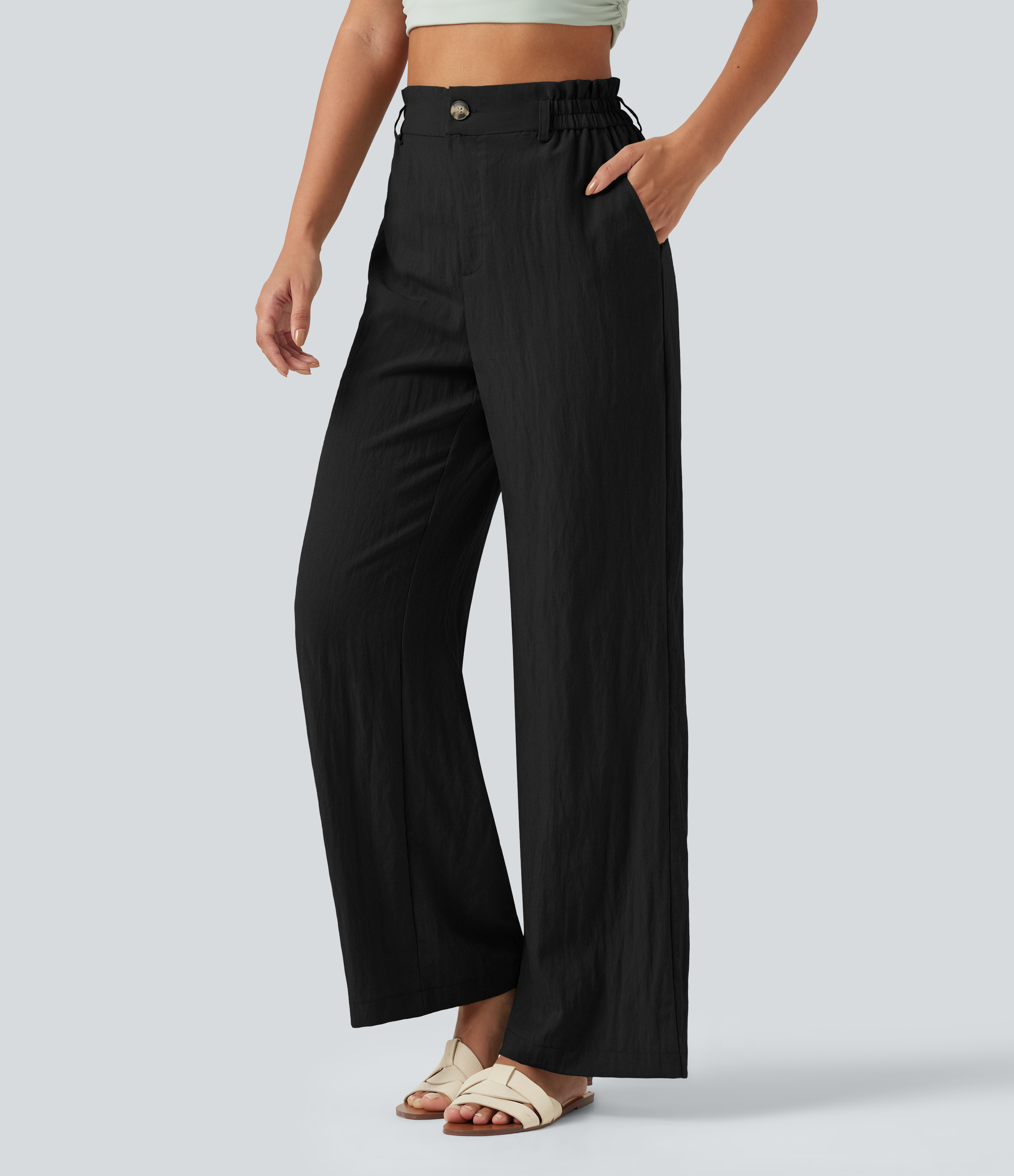 High Waisted Wide Leg Casual Linen-Blend Pants with Pockets