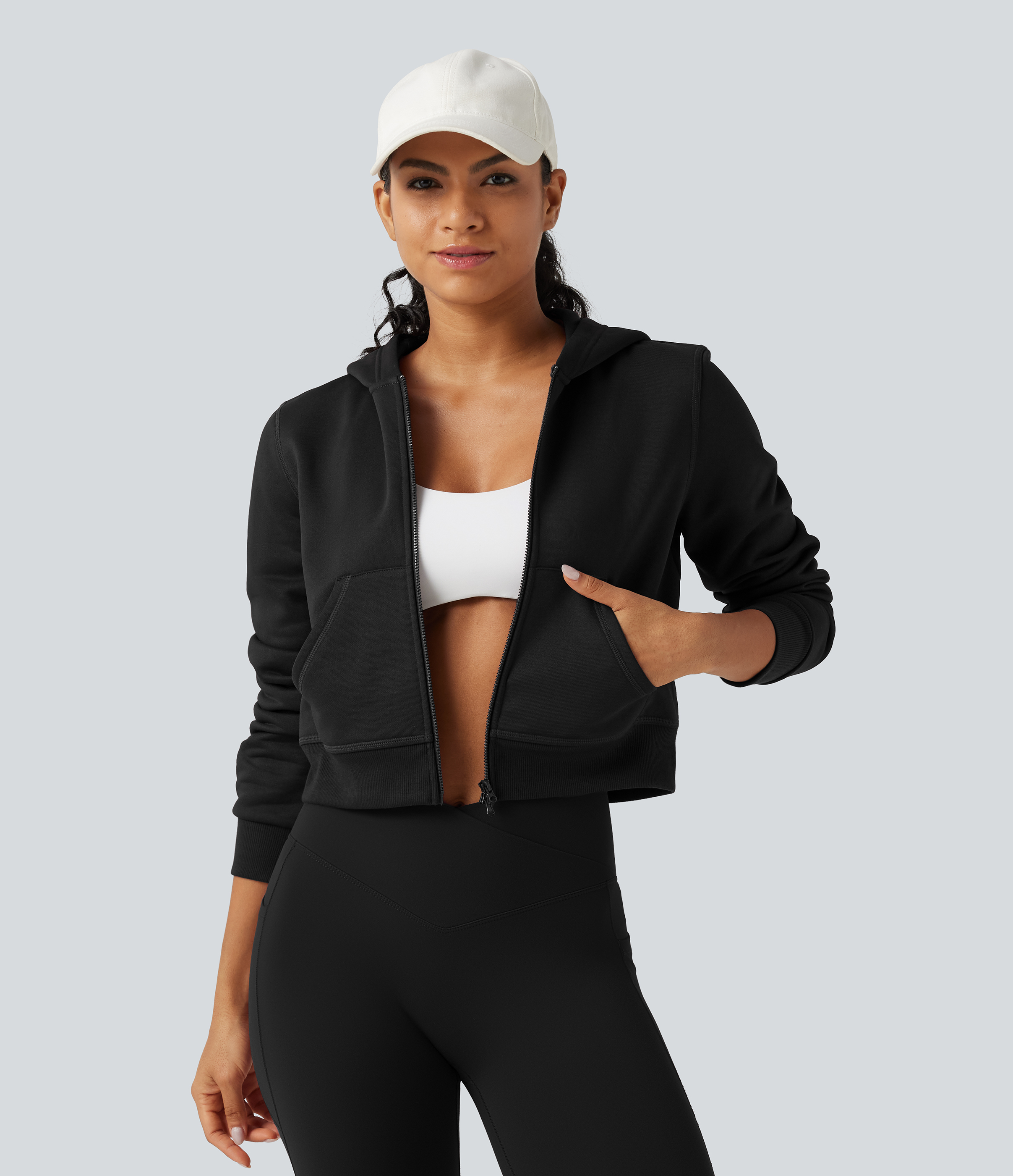 Hooded Long Sleeve Fleece Workout Jacket with Pockets
