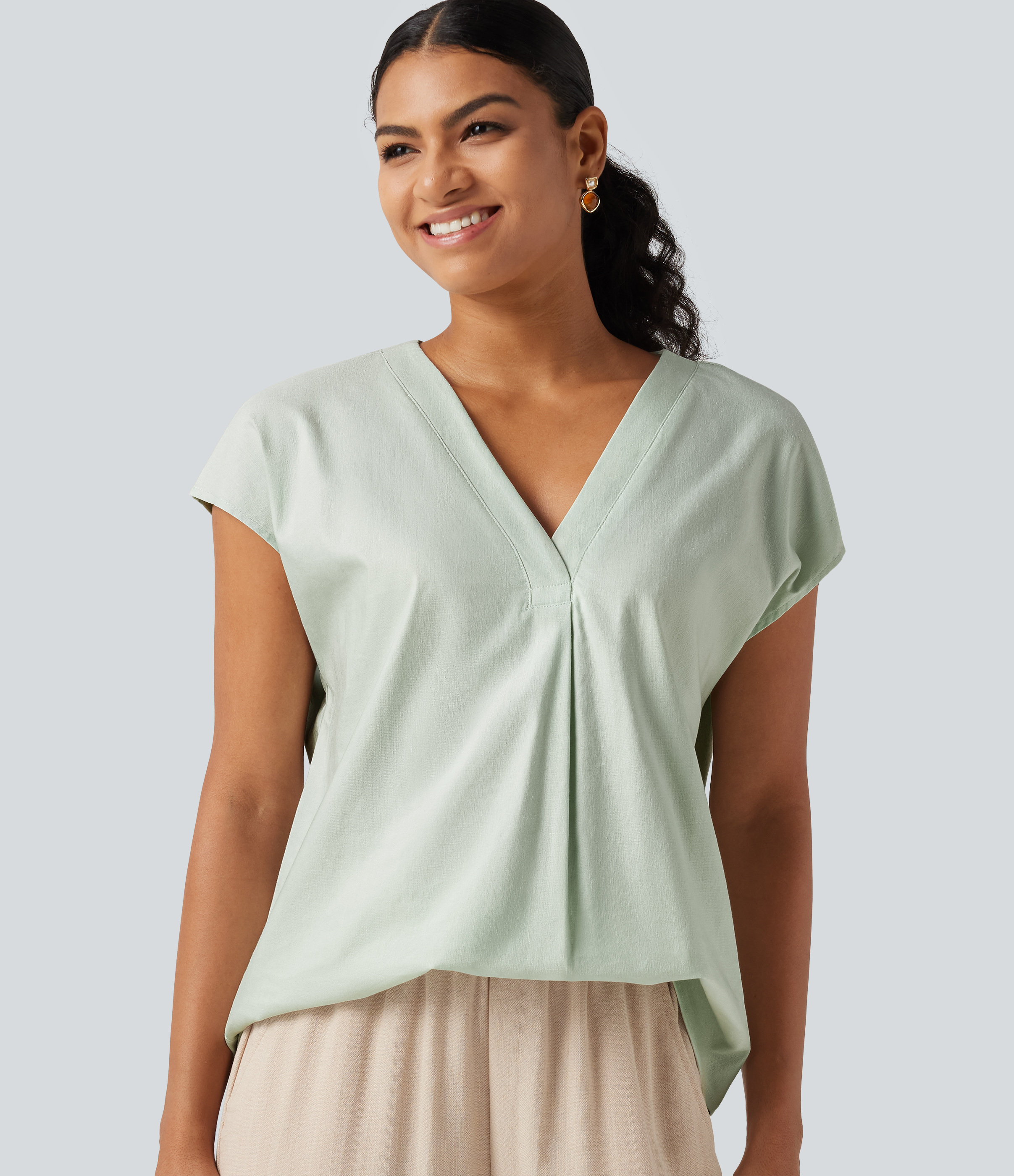 V Neck Cap Sleeve Casual Cotton Linen Blouse