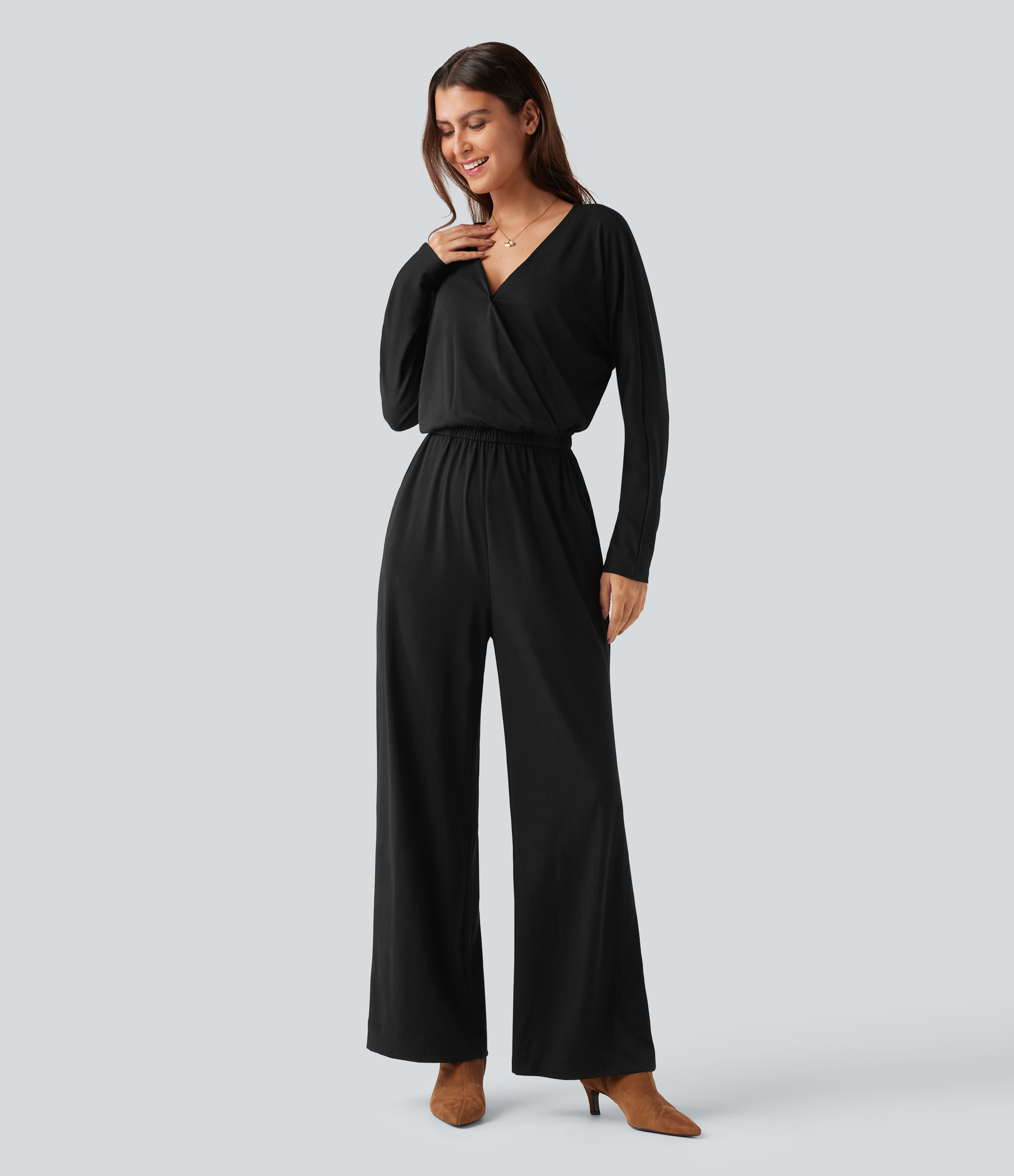 V Neck Long Sleeve Work Jumpsuit with Pockets