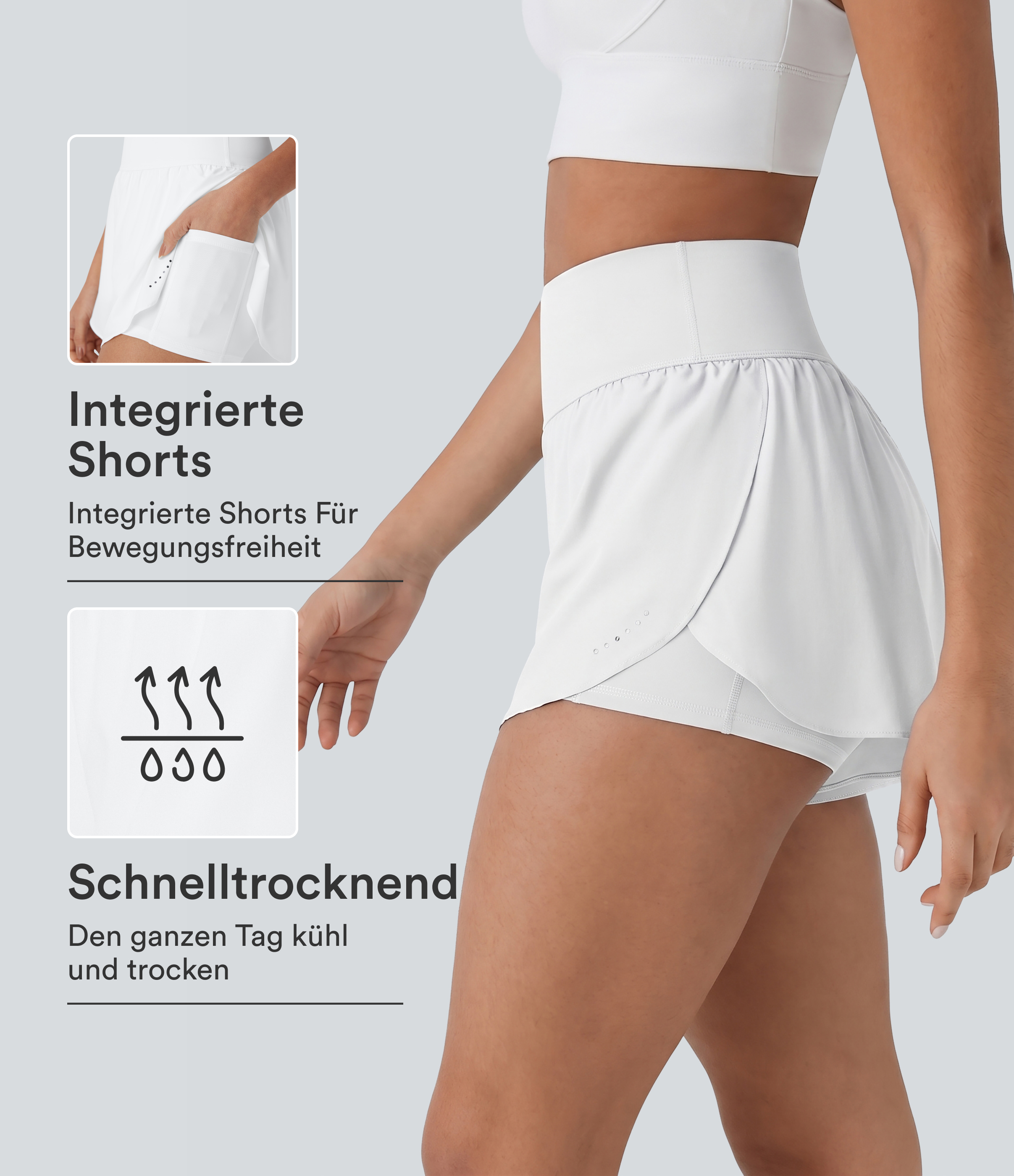 Softlyzero™ QuickDry - 2-in-1 Laufshorts mit hohem Bund, Seitentaschen, reflektierenden Punkten und überkreuztem Saum