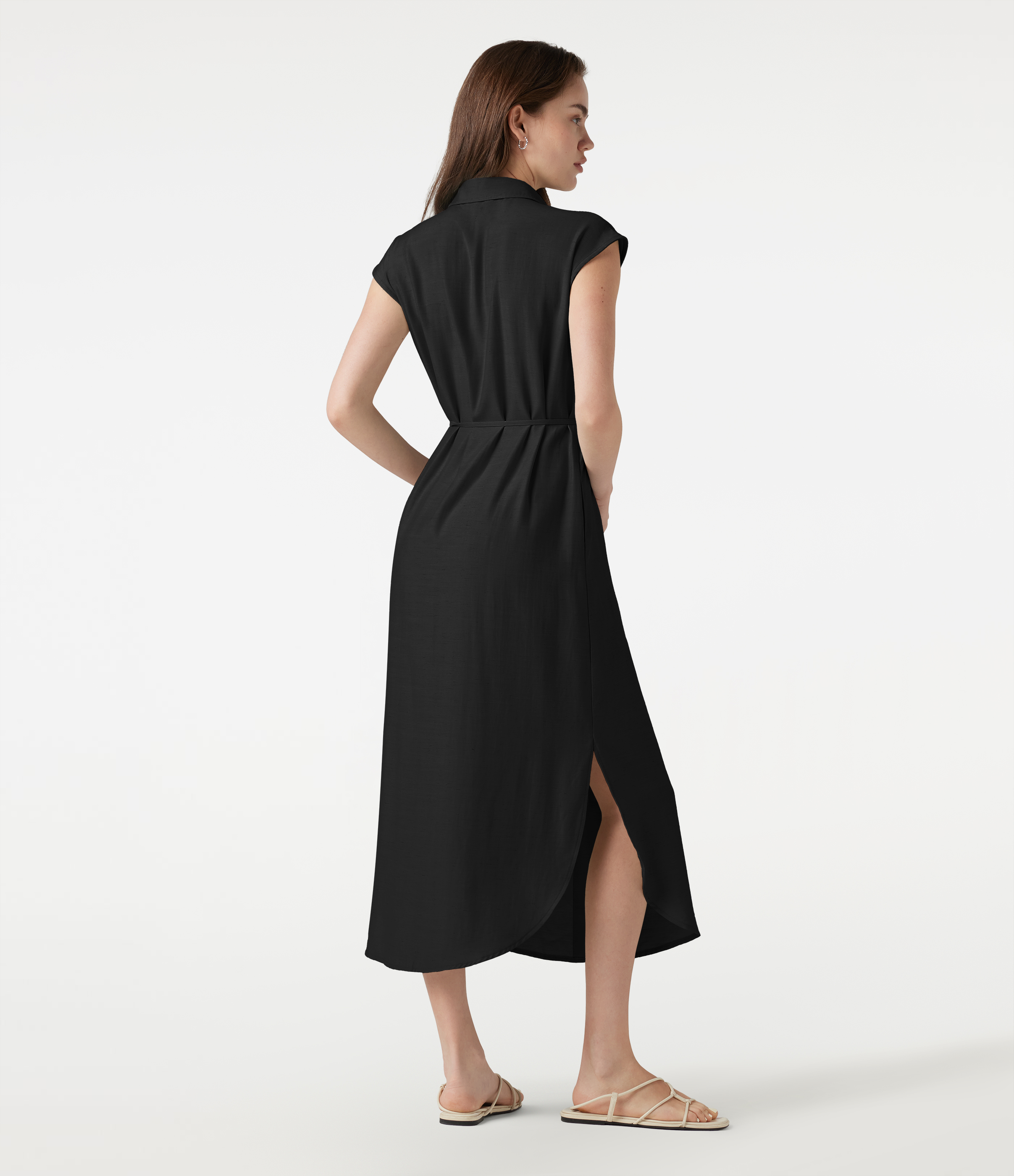 Black Collar Cap Sleeve Belted Curved Split Hem Midi Casual Linen-Blend Shirt Dress with Pockets / 2
