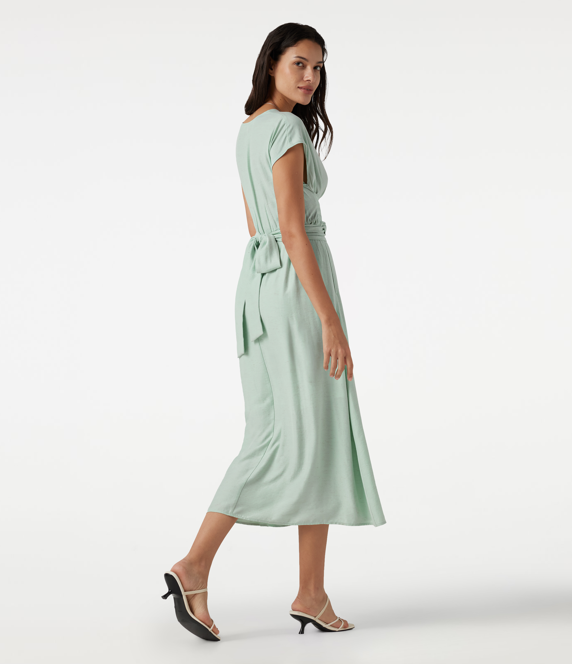 Silt Green Midi-Kleid aus Leinenmischung mit V-Ausschnitt, kurzen Ärmeln, Bindeband hinten, lockerem Fall und Taschen / 2