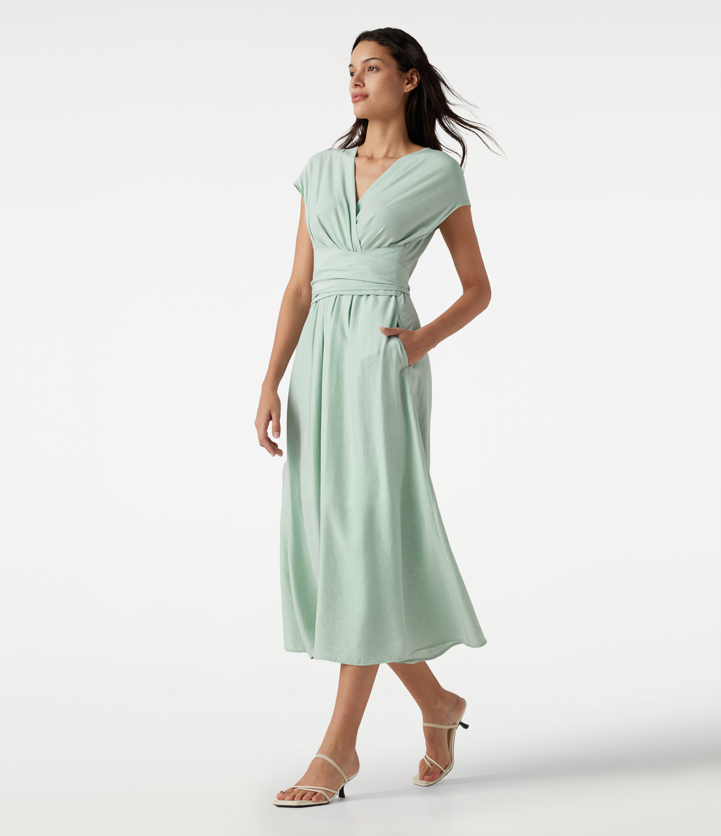 V Neck Short Sleeve Tie Back Midi Casual Linen-Blend Flowy Dress with Pockets