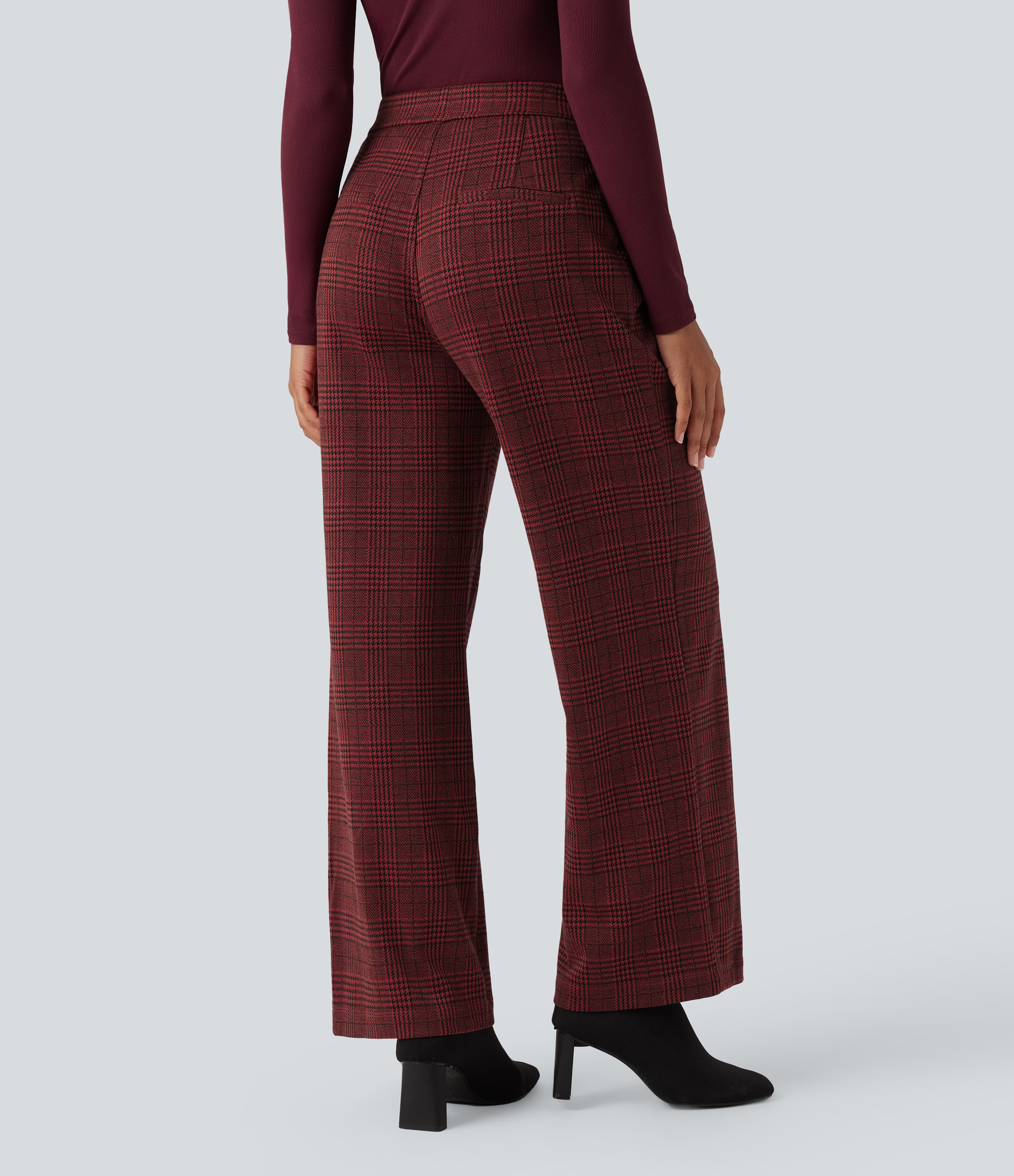 Burgundy Houndstooth Pattern Halara Flex™ fabric pants with a high waist, straight leg, houndstooth pattern and pockets / 1