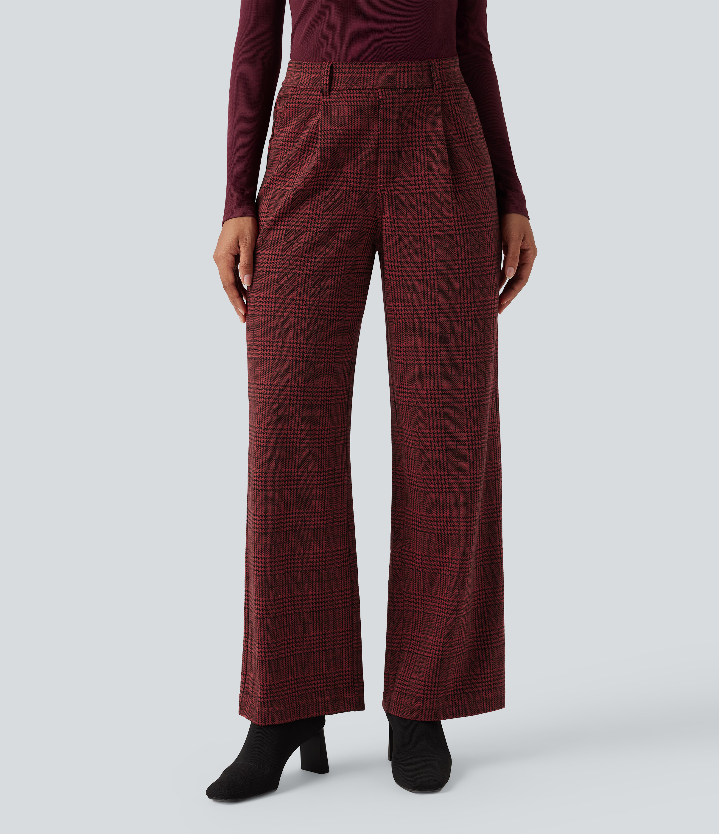 Burgundy Houndstooth Pattern Halara Flex™ fabric pants with a high waist, straight leg, houndstooth pattern and pockets / 2