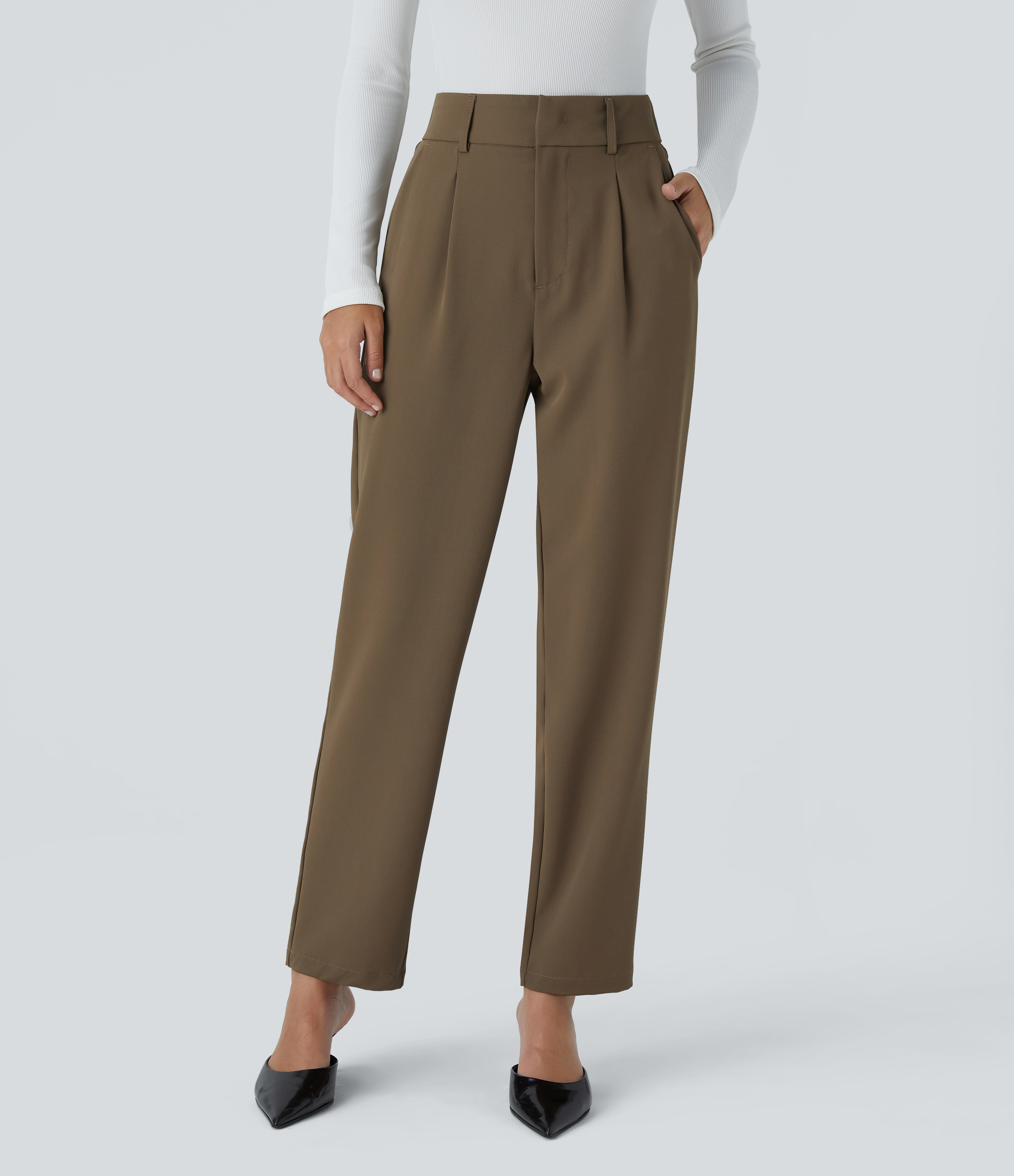 Pantalón oficina ajustado tiro alto bolsillo lateral