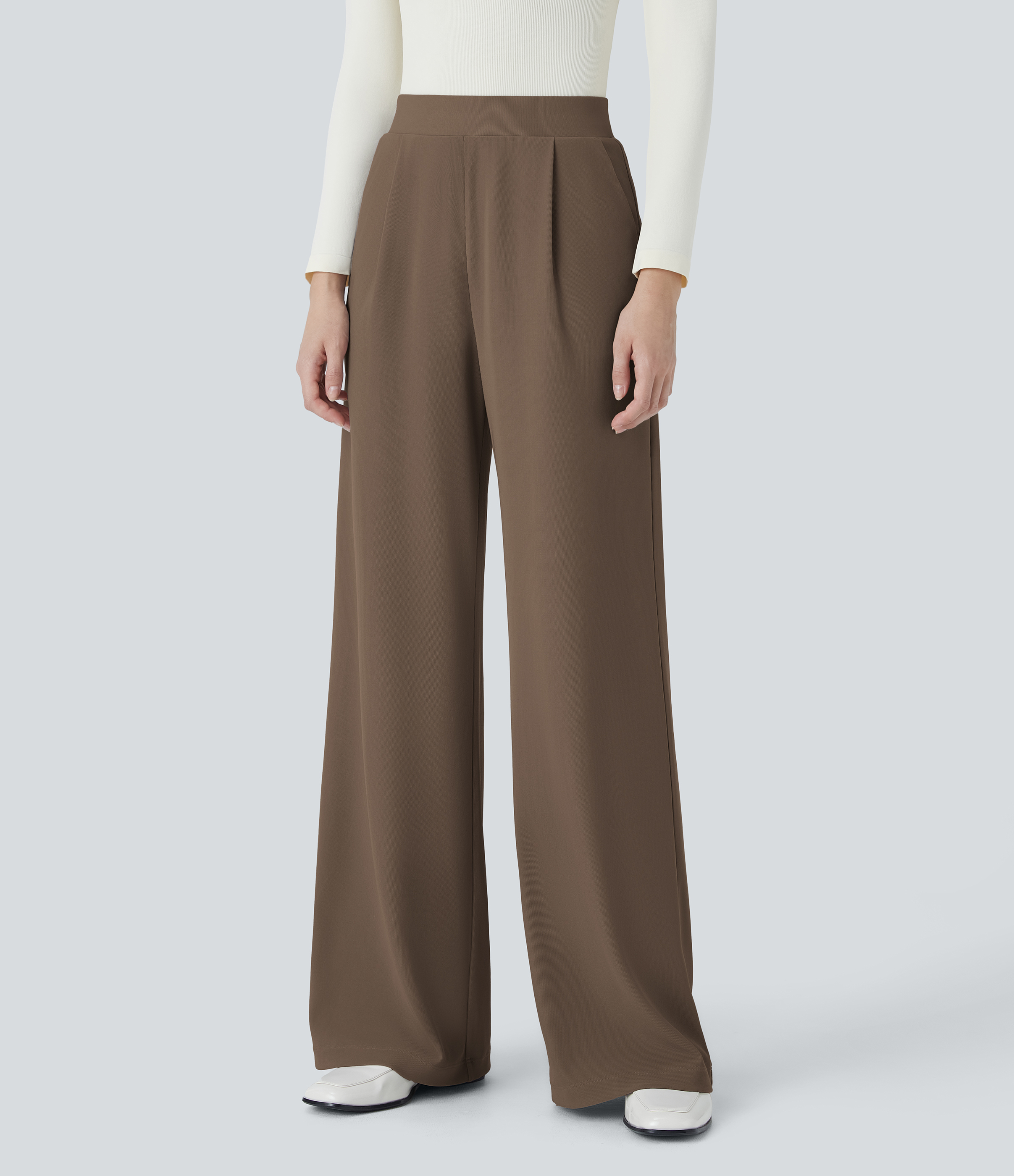 Halara Flex™ High Waisted Body Sculpt Waist-Slimming Pocket Wide Leg Micro Waffle Work Pants — Shitake by Halara
