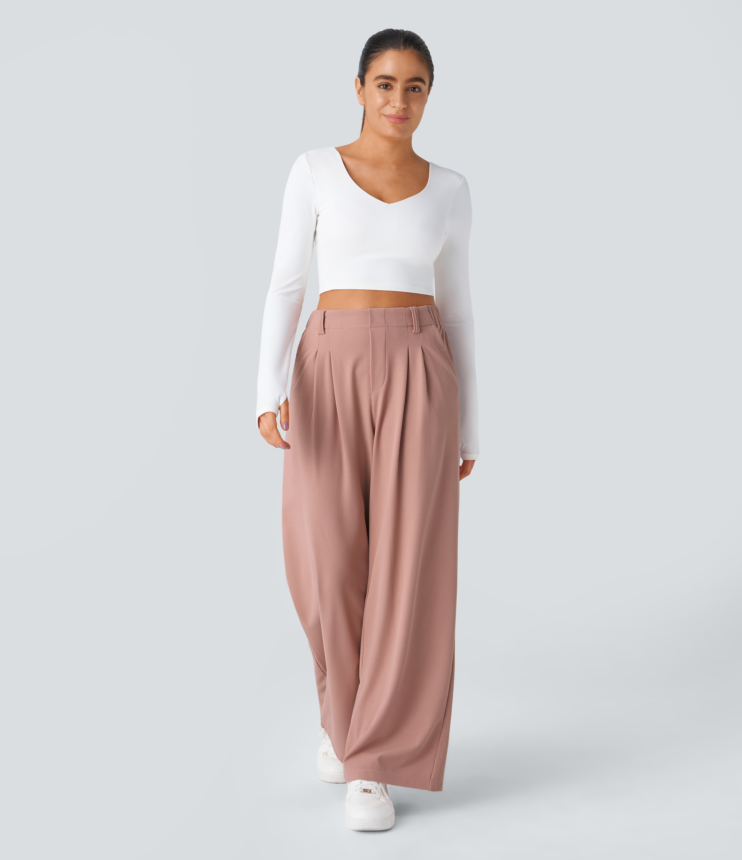 Rose Tan Pantalones Halara Flex™ de oficina anchos plisados de tiro alto con bolsillos en tela tipo gofre / 2