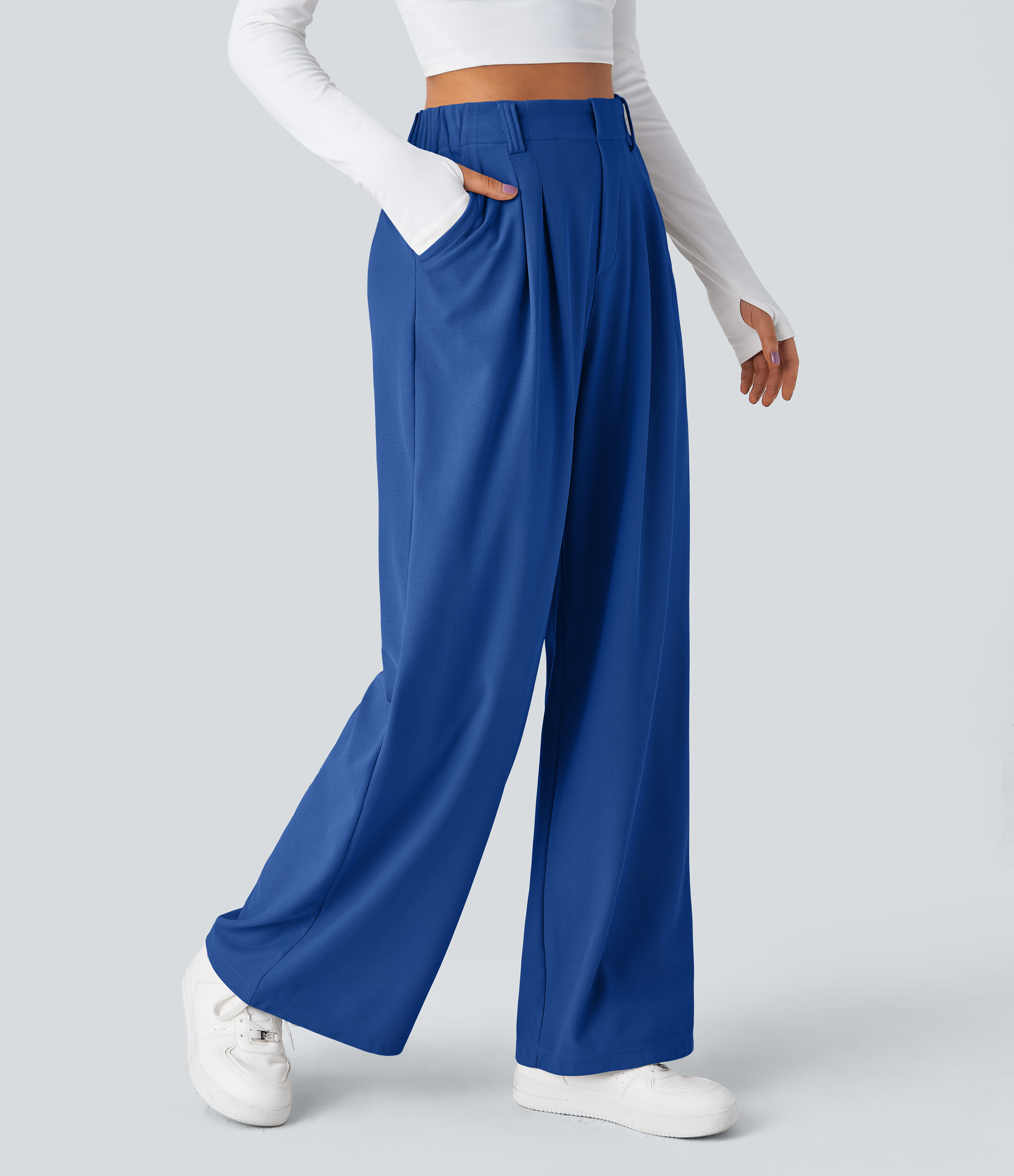 Halara Flex™ Dehnbare Stoffhose mit hohem Bund, Waffelmuster, Seitentaschen und weitem Bein
