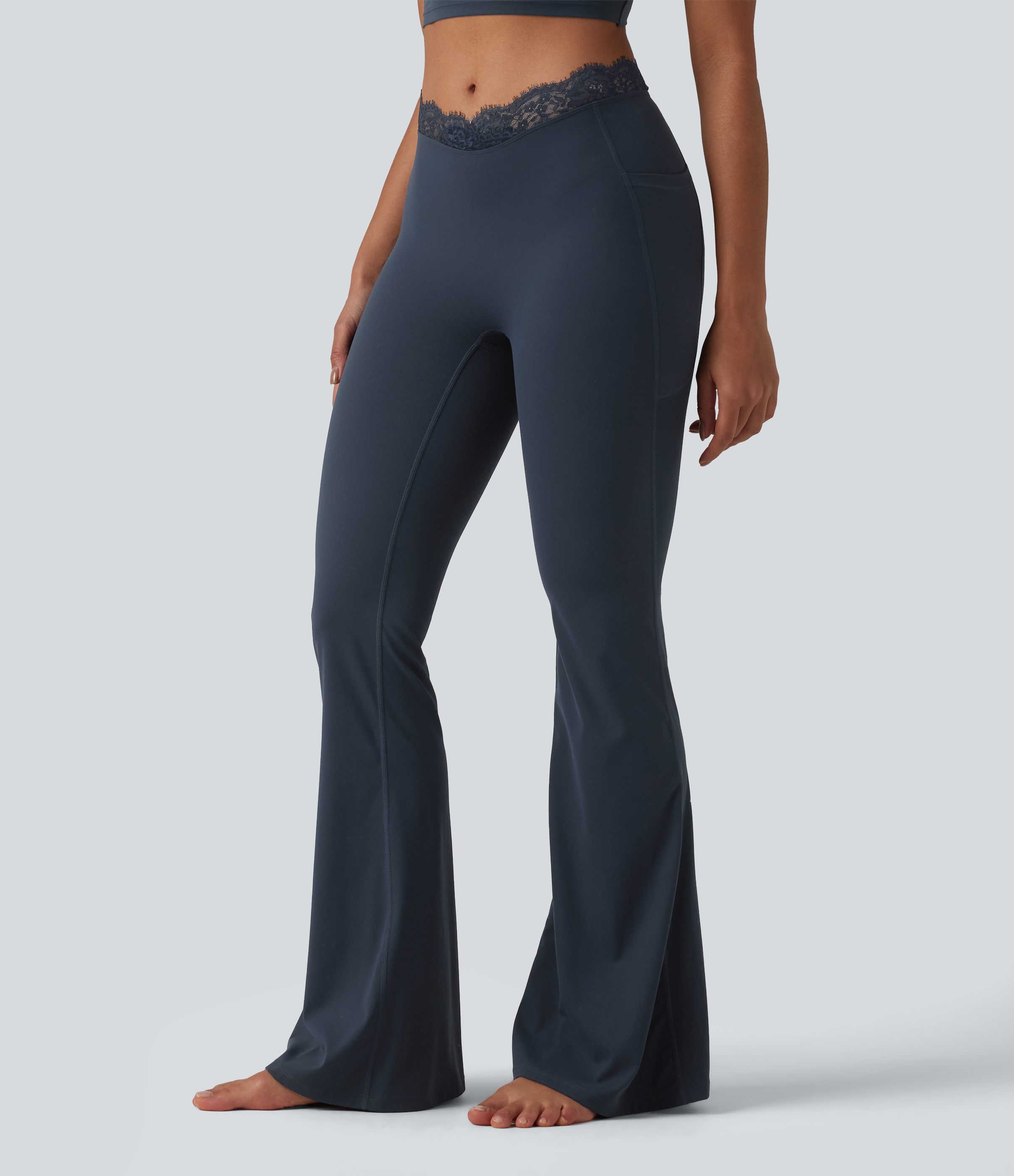Halara UltraSculpt™ V-Shaped High Waisted Contrast Lace Yoga Flare Leggings with Pockets — Carbon by Halara