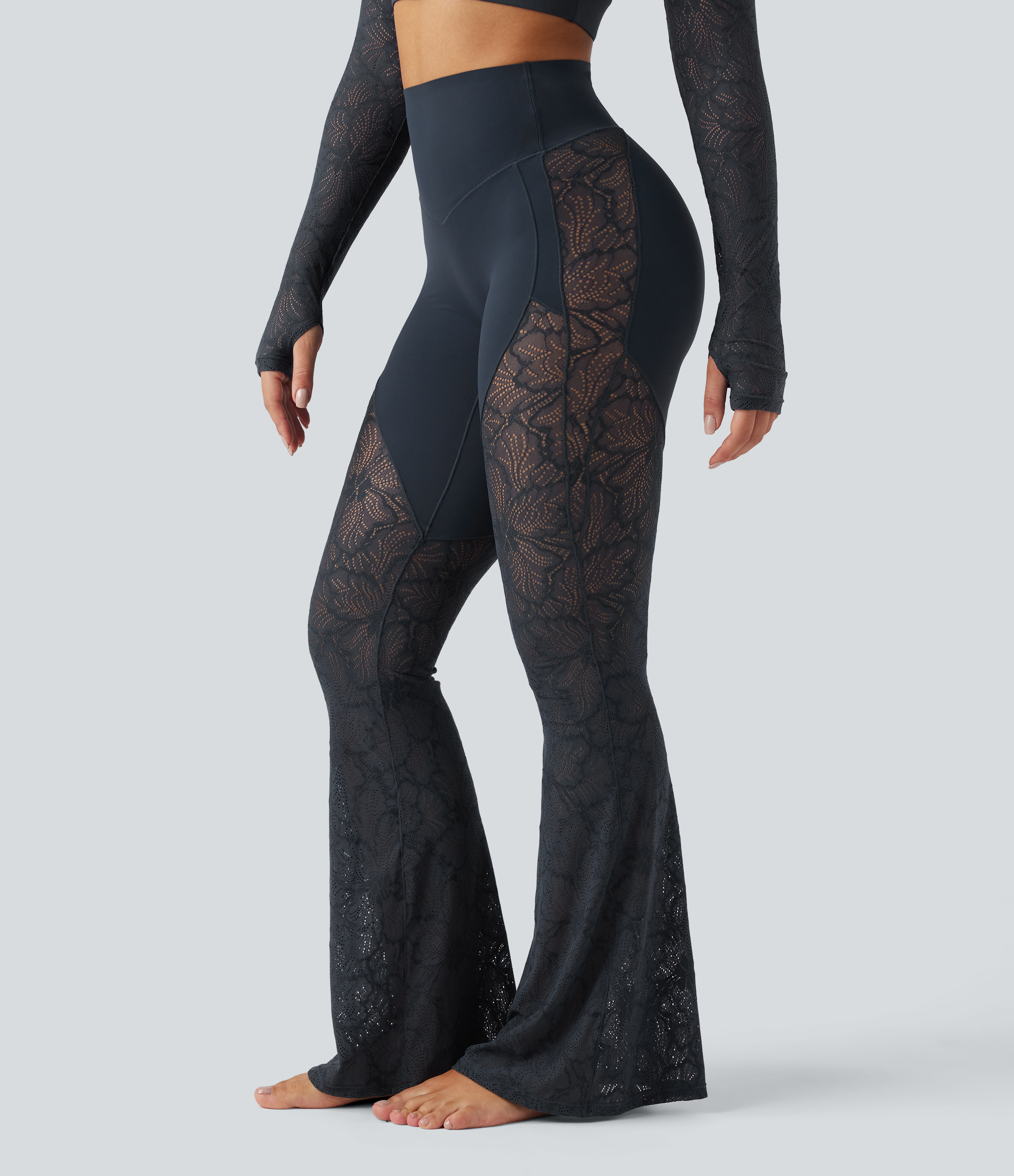 Halara UltraSculpt™ High Waisted Tummy Control Contrast Lace Yoga Flare Leggings with Pocket — Carbon by Halara