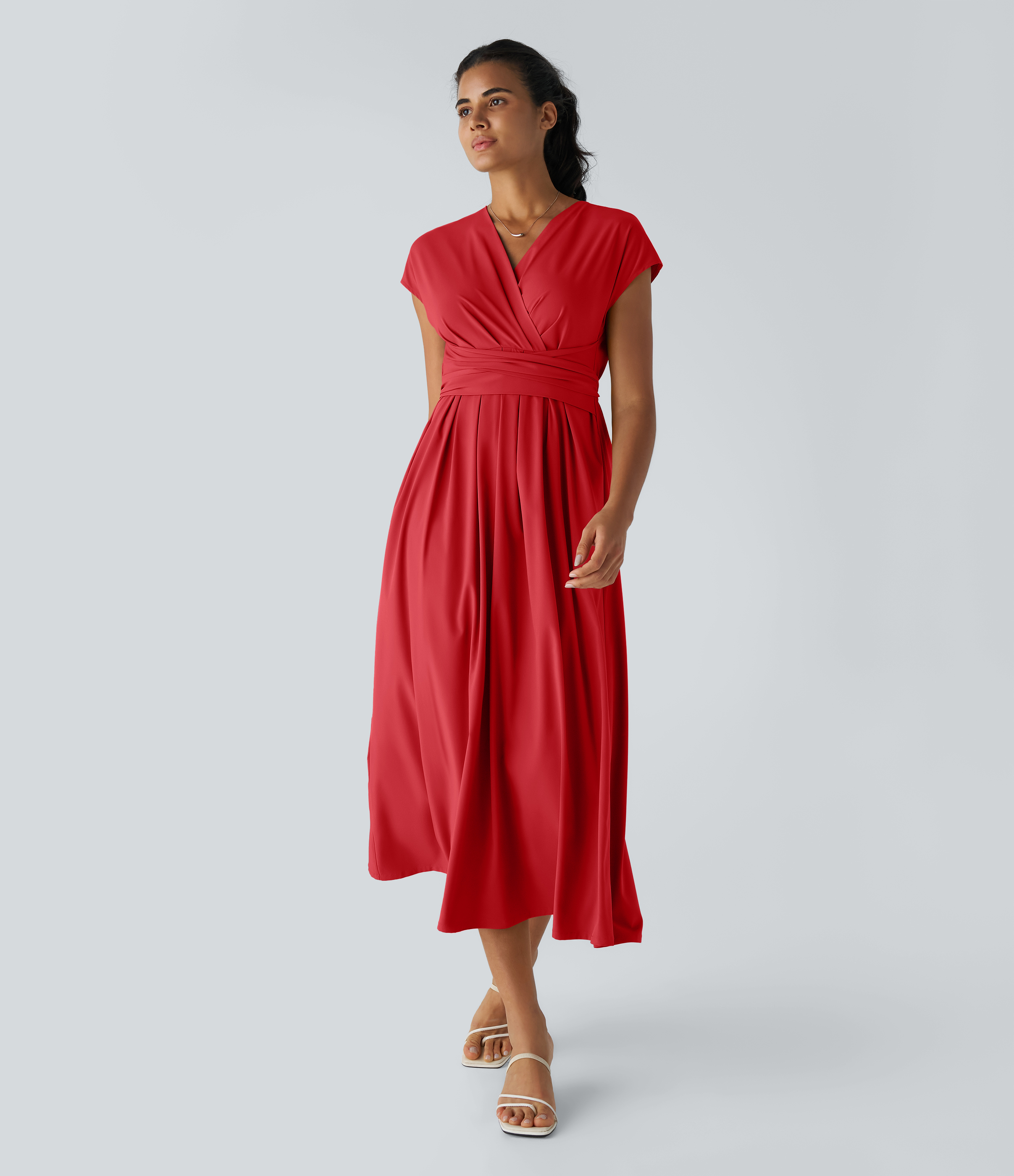 Breezeful™ V Neck Short Sleeve Pocket Tie Back Quick Dry Midi Casual Dress-Longer Length