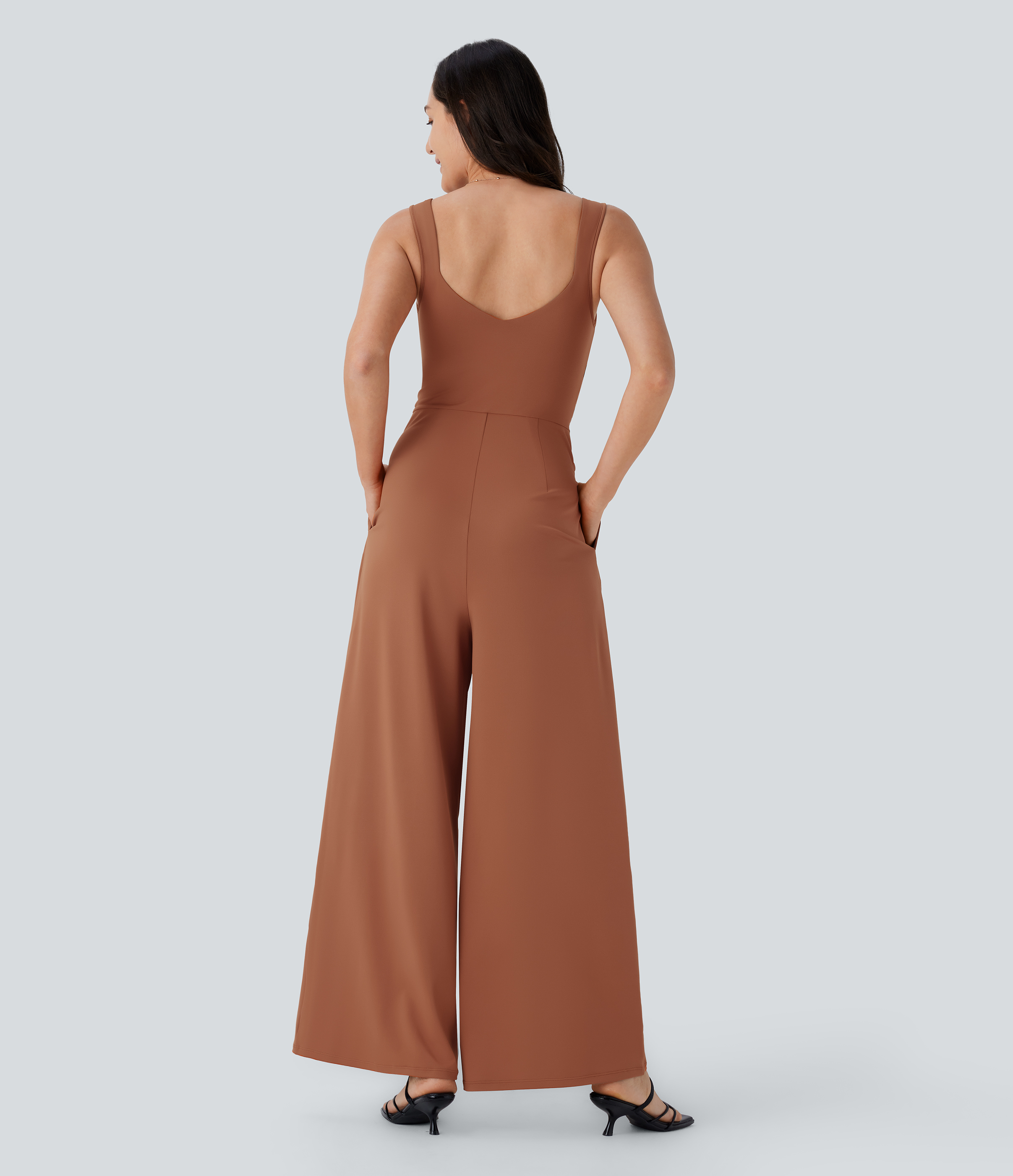 Rust Red Jumpsuit casual sin mangas con espalda en U y bolsillos / 2