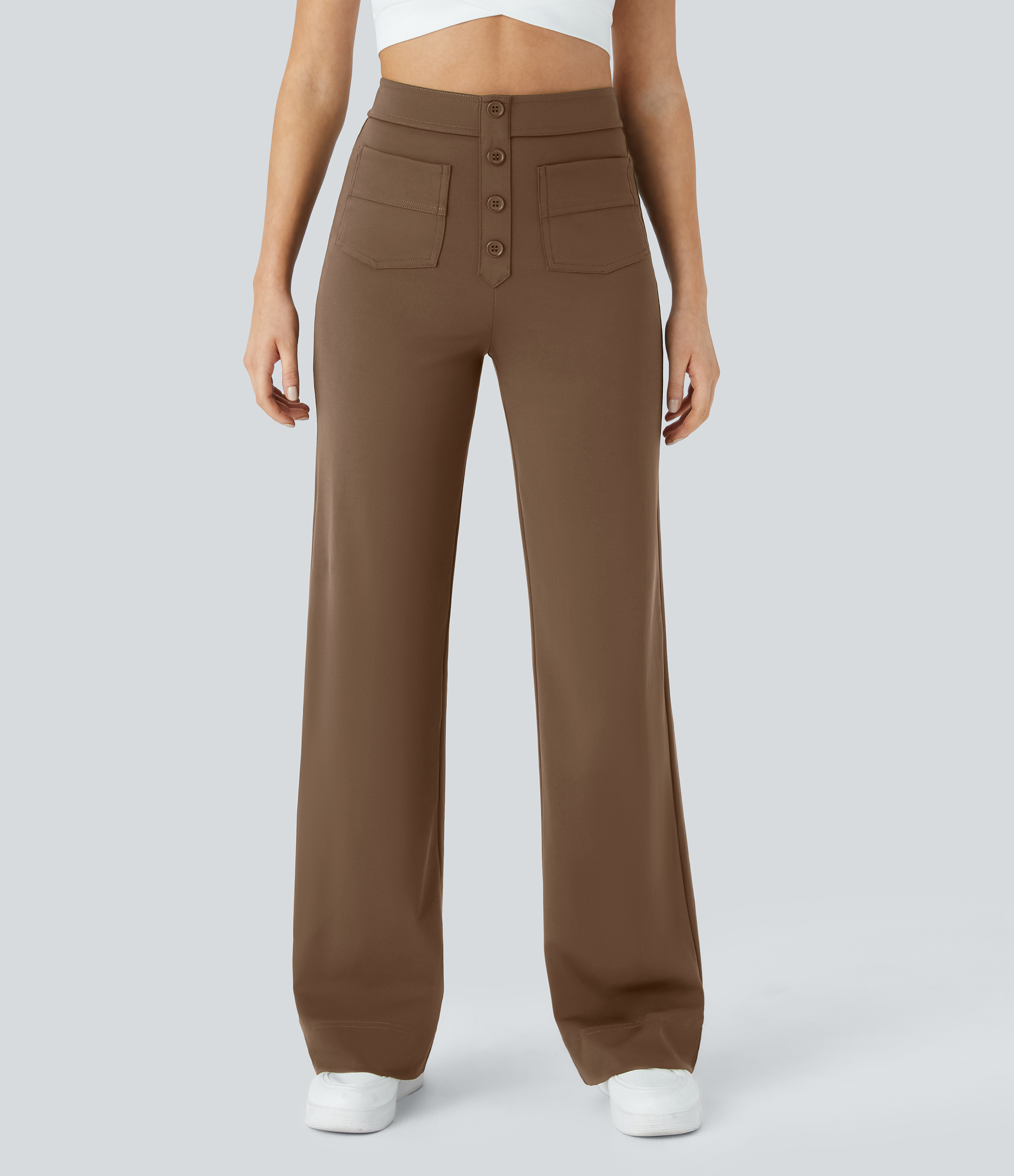 Pantalones pierna recta múltiple bolsillo botón tiro alto