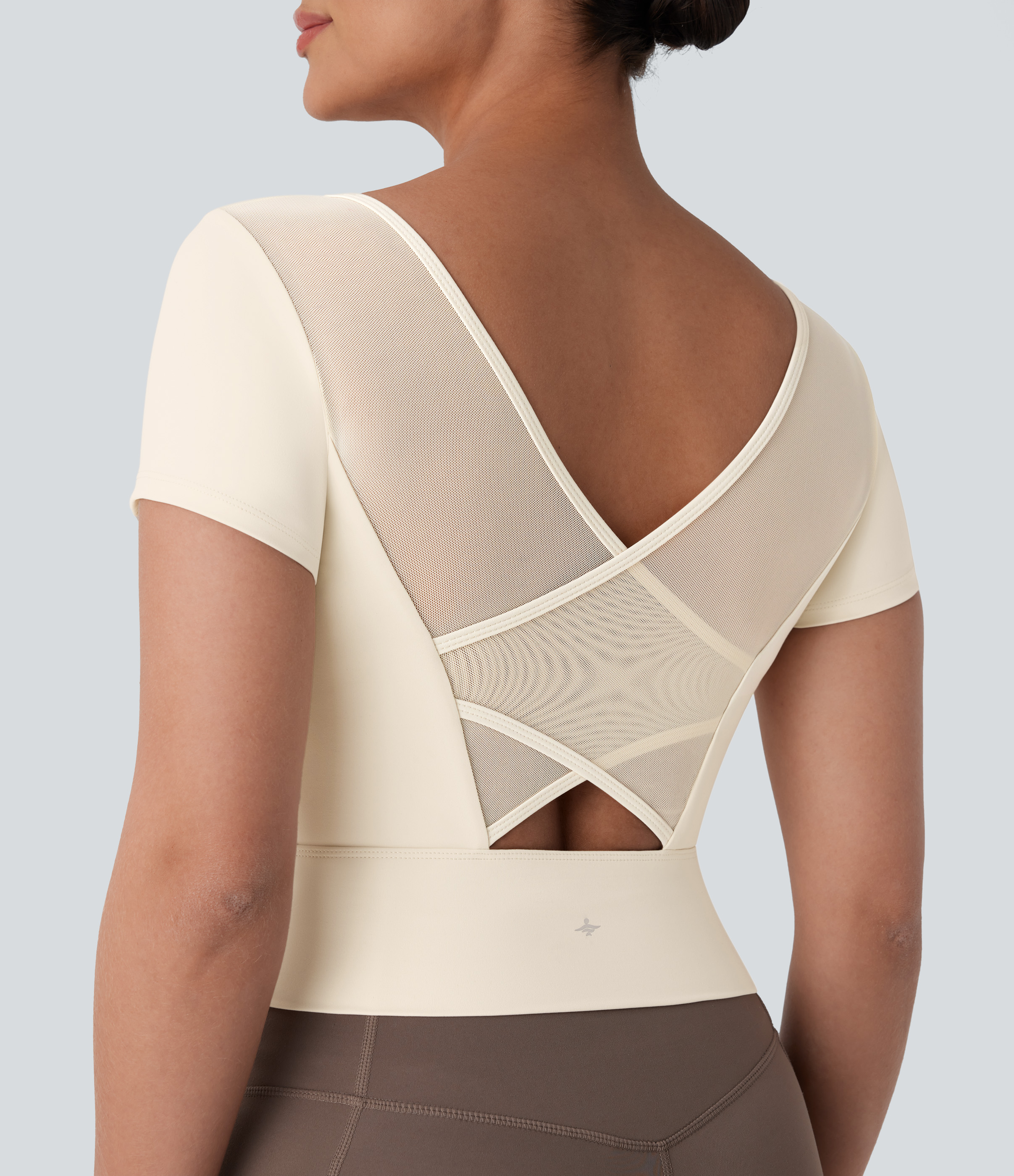 SoftlyZero™ Plush U Neck Short Sleeve Crossover Contrast Mesh Yoga Sports Top