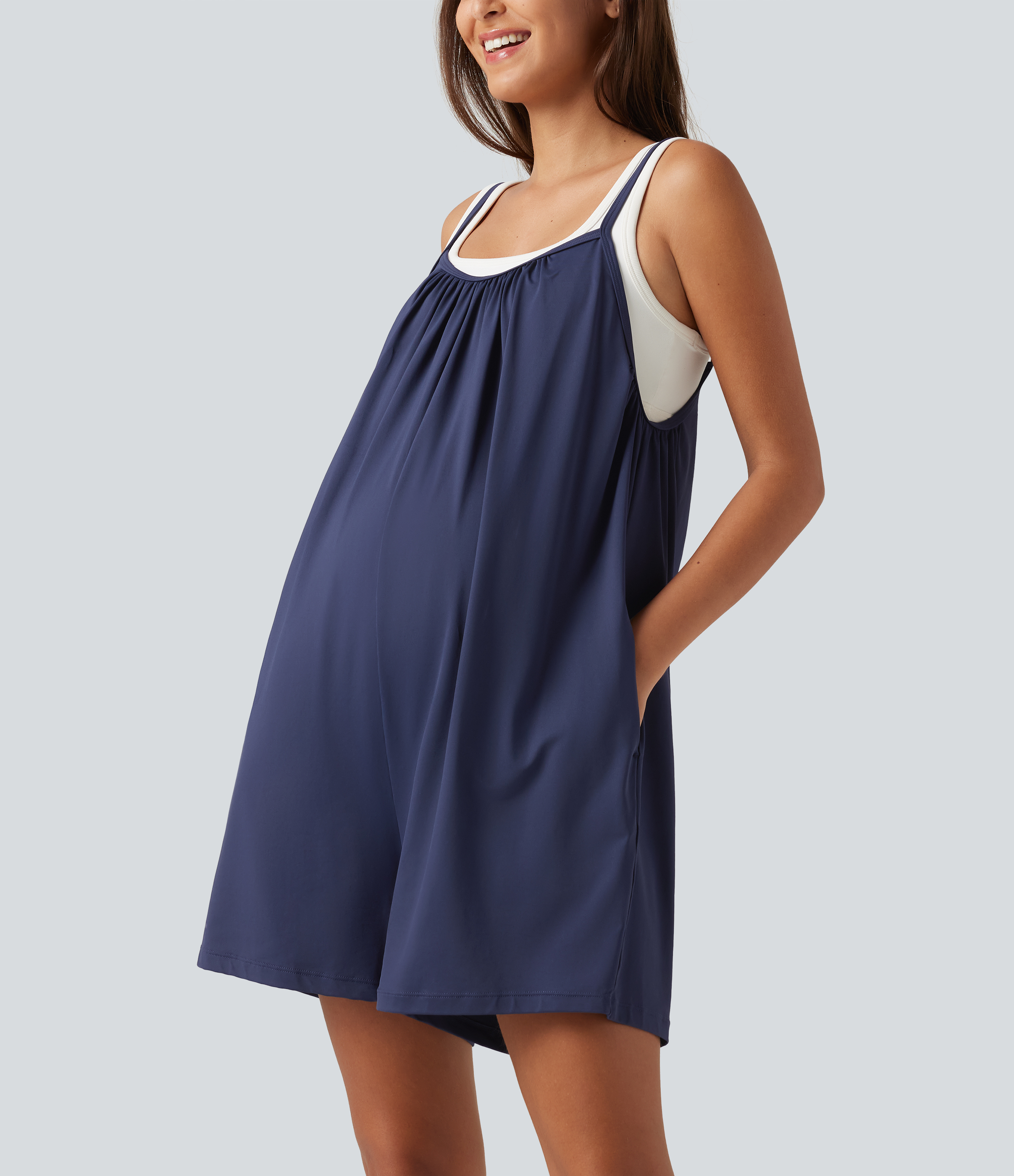 Spaghetti Solid Wide Leg Casual Maternity Romper with Pockets