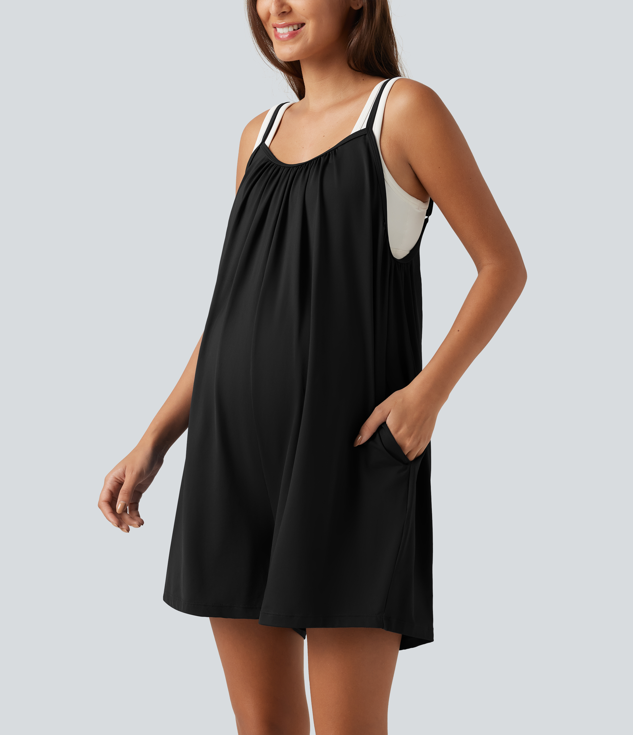 Spaghetti Solid Wide Leg Casual Maternity Romper with Pockets