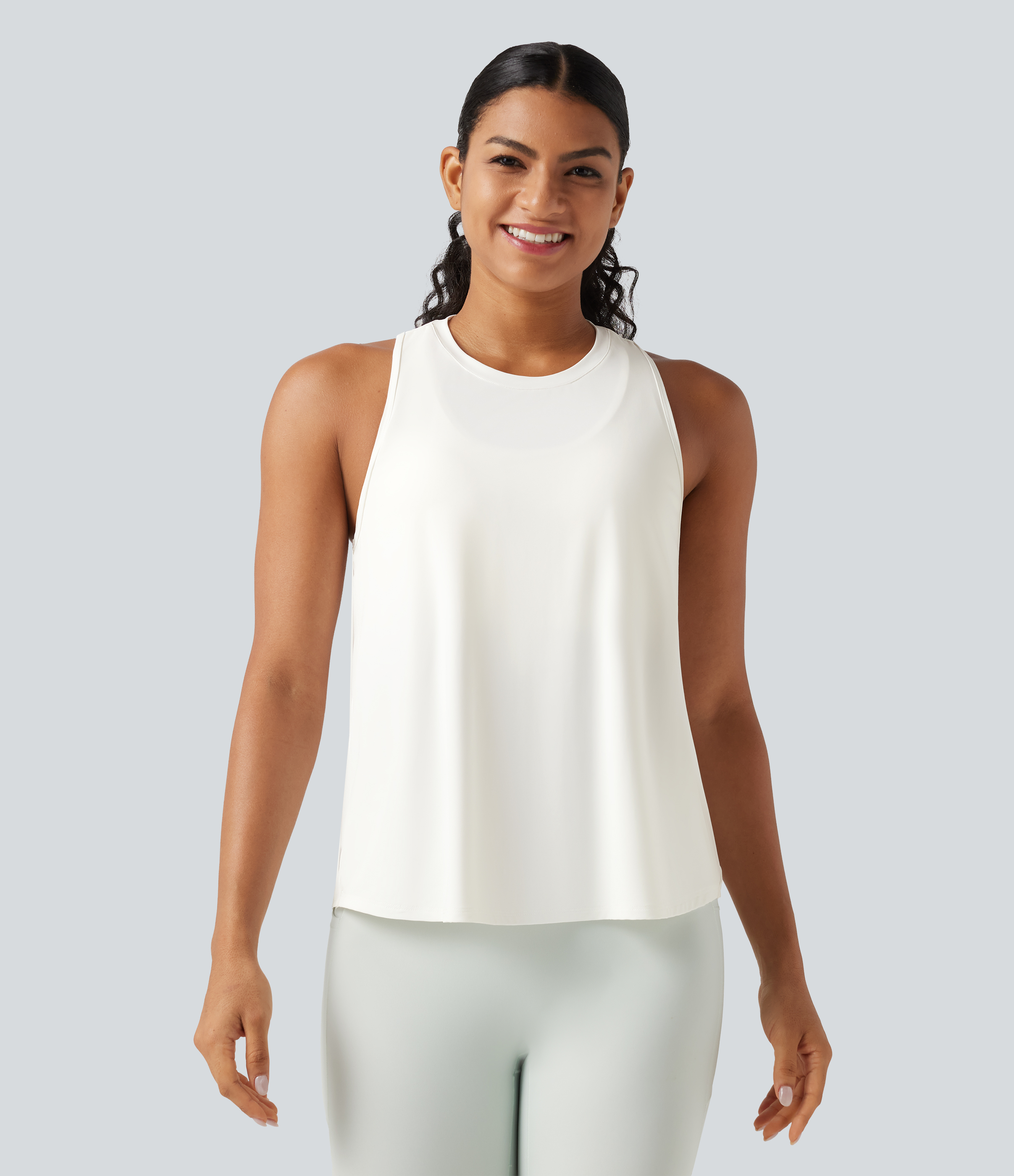 White Round Neck Racerback Built-in Bra Cool Touch 2-Piece Casual Tank Top-UPF50+ / 2