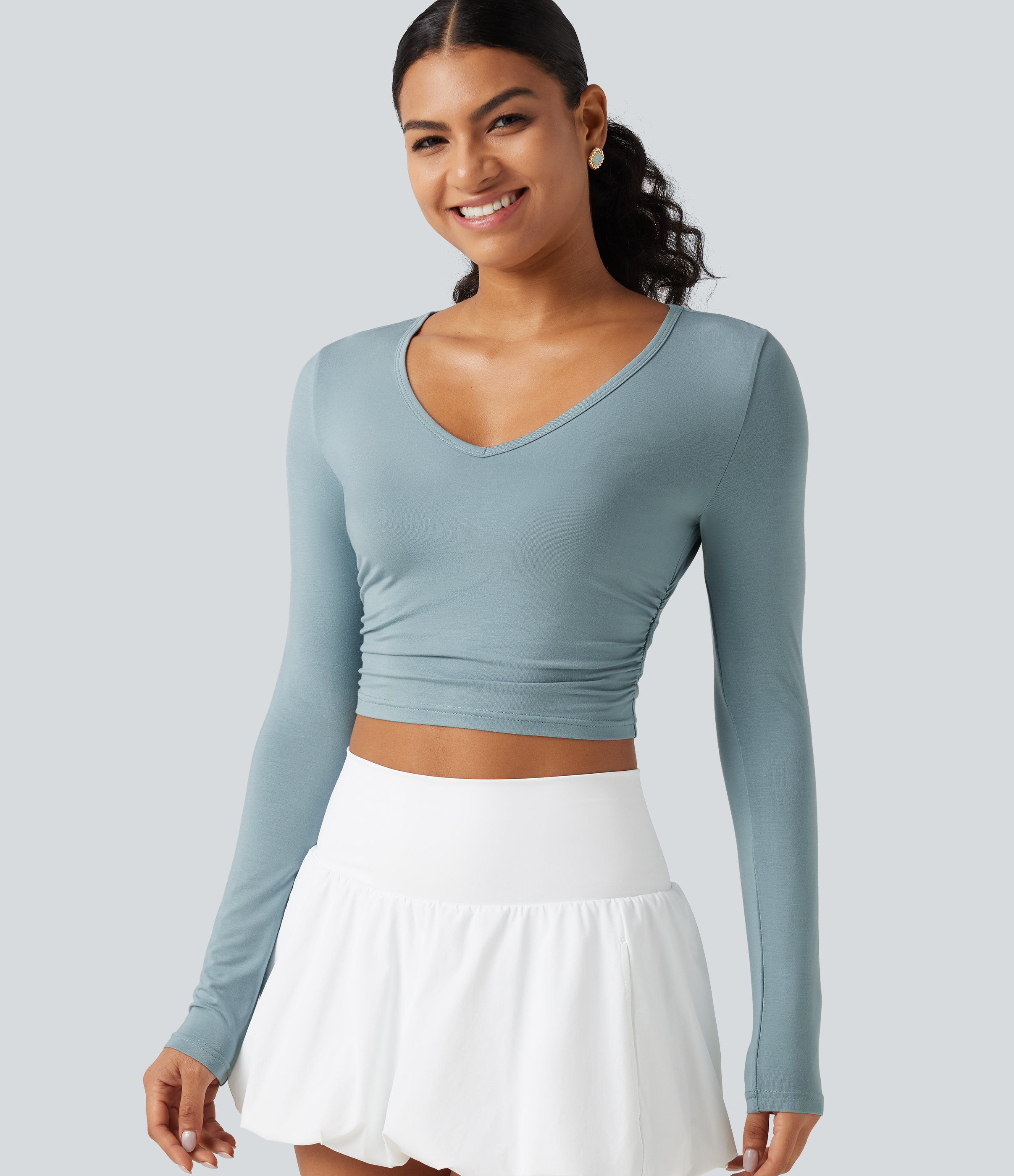 V Neck Long Sleeve Cropped Casual T-Shirt