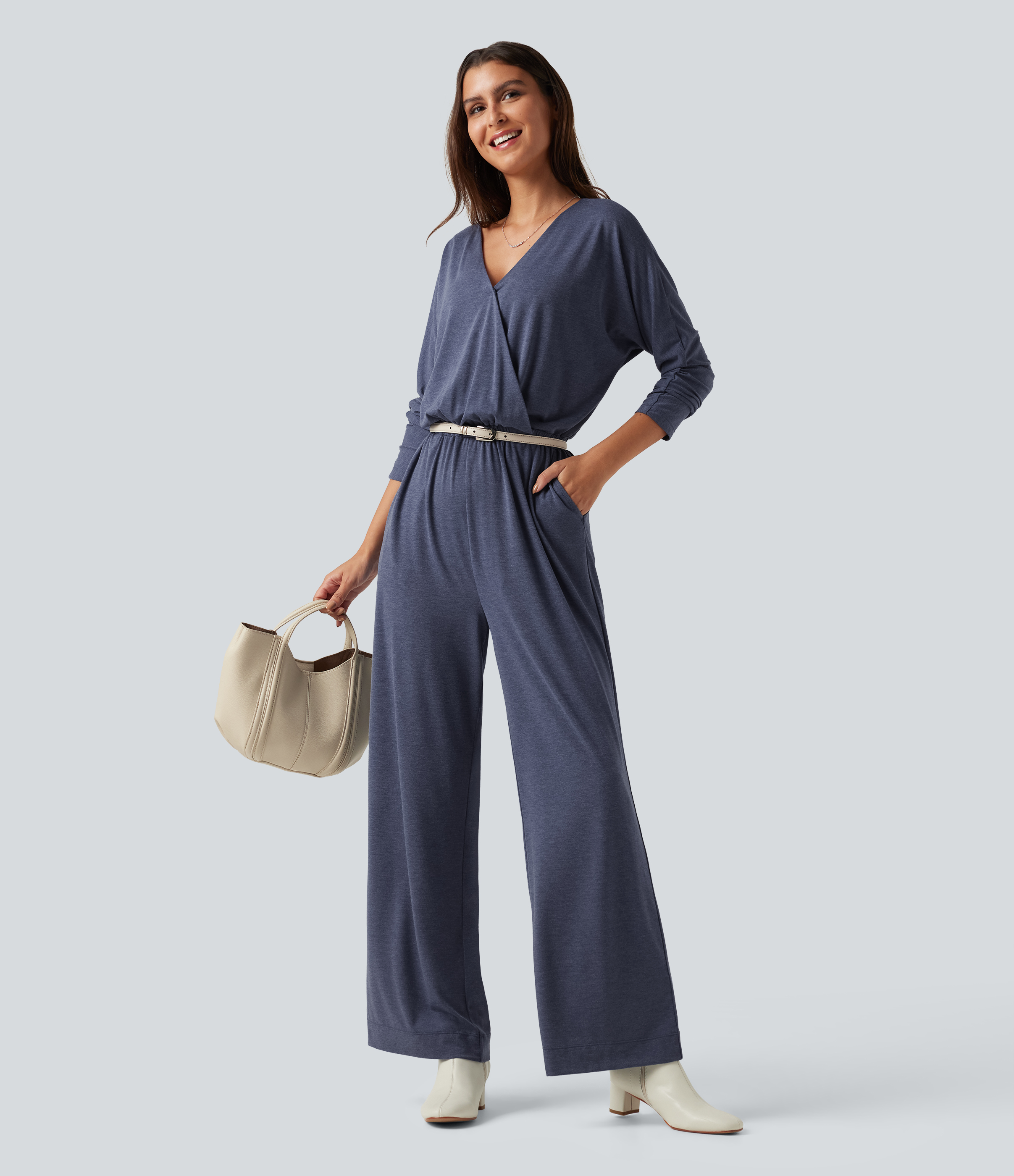 V Neck Long Sleeve Work Jumpsuit with Pockets