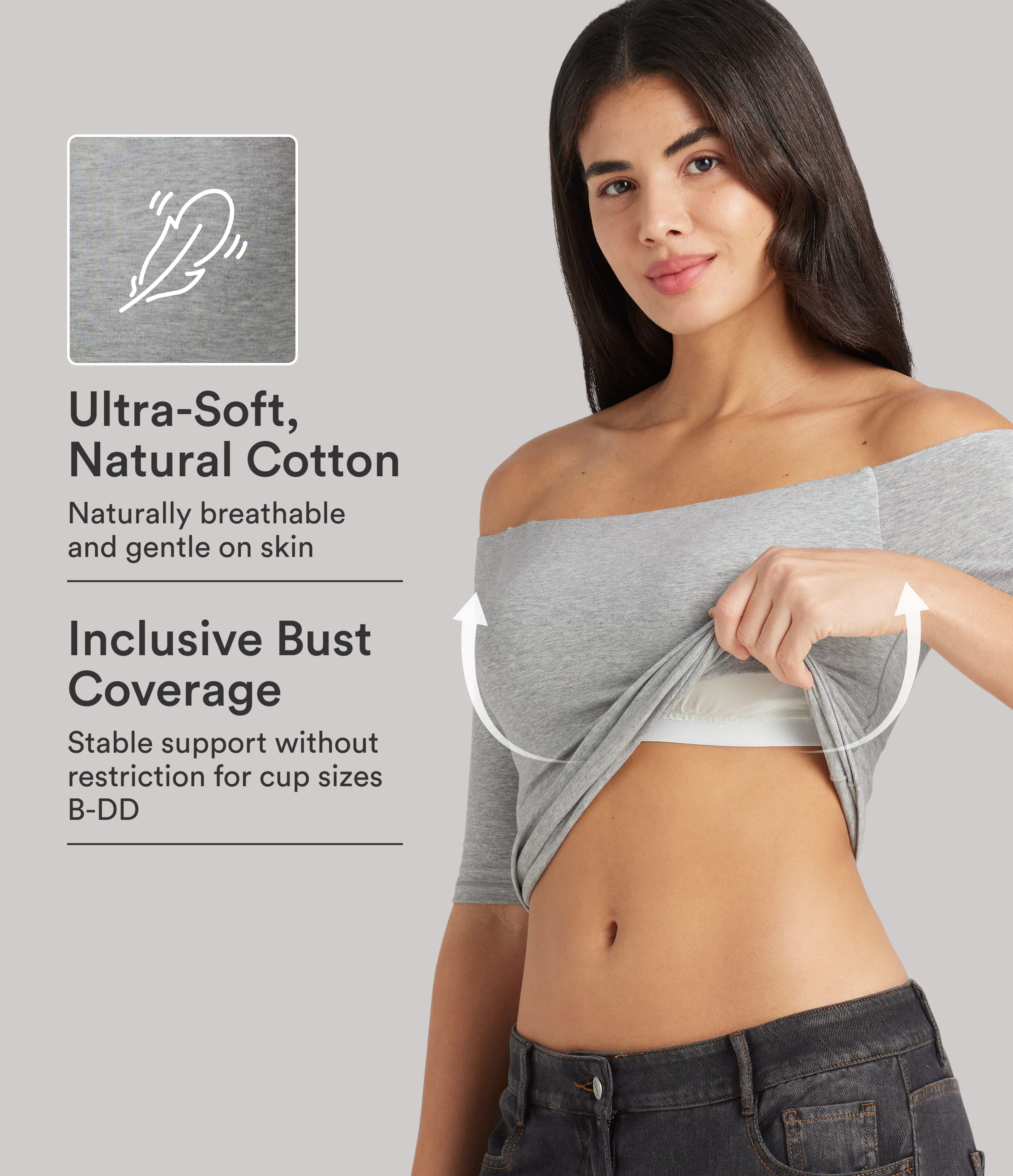 Halara Cotton Jersey Off-Shoulder Removable Straps Half Sleeve Built-in Bra Casual T-Shirt B-DD Cups