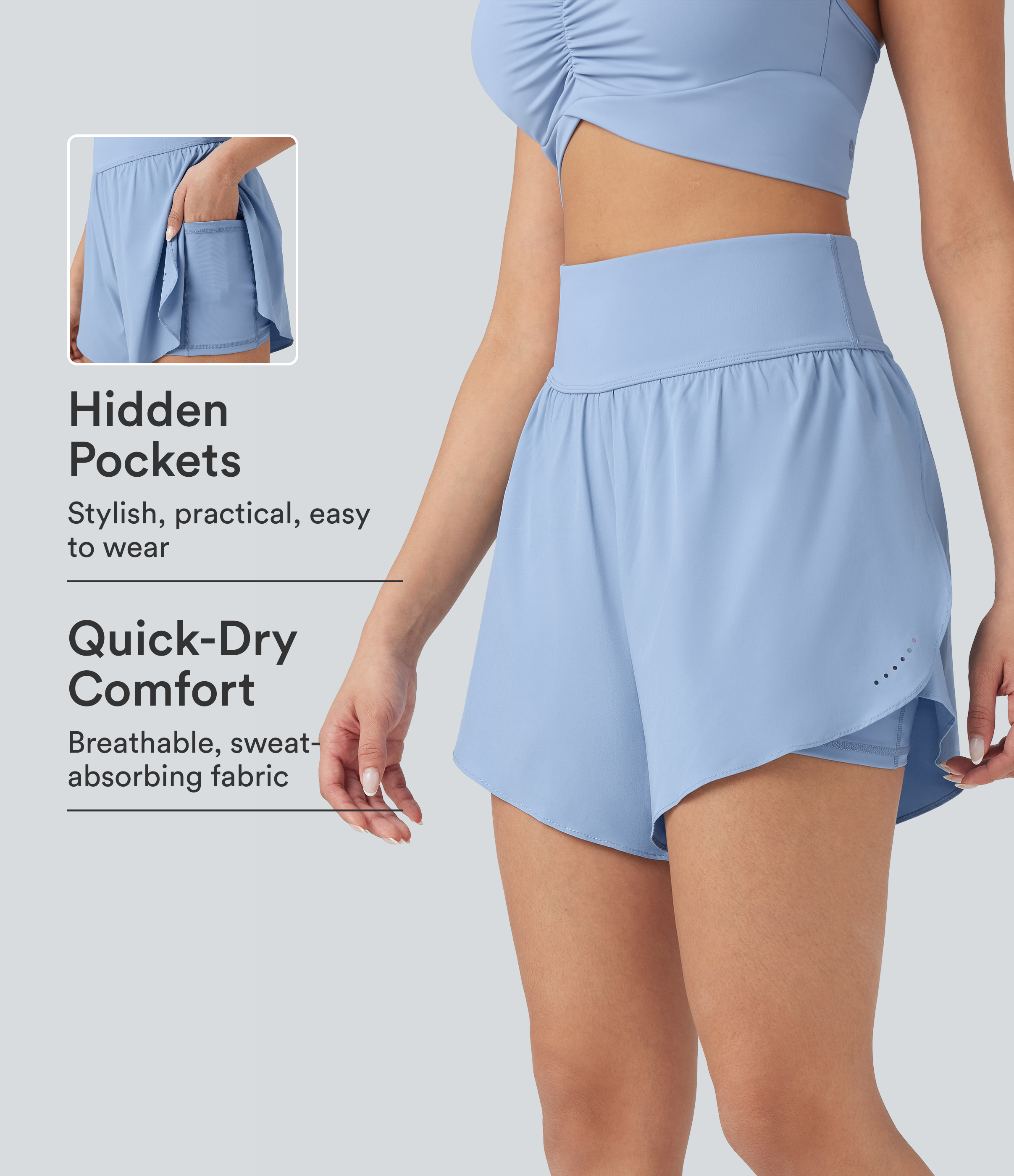 SoftlyZero™ QuickDry High Waisted Tummy Control Reflective Dots Crossover Hem 2-in-1 Running Shorts 5'' with Pockets
