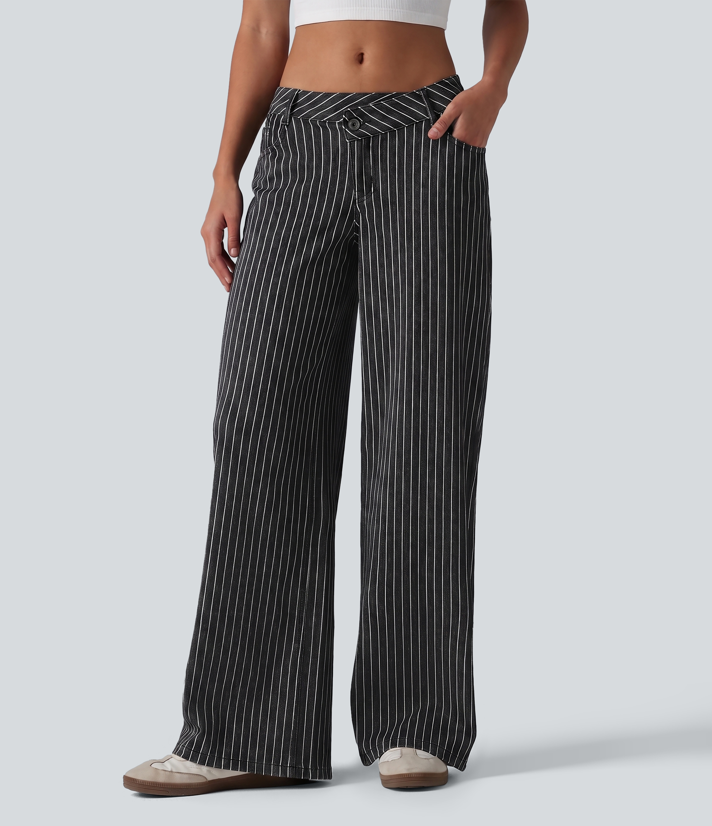 Halara Flex™ Asymmetric Low Rise Wide Leg Stripe Work Jeans with Pockets