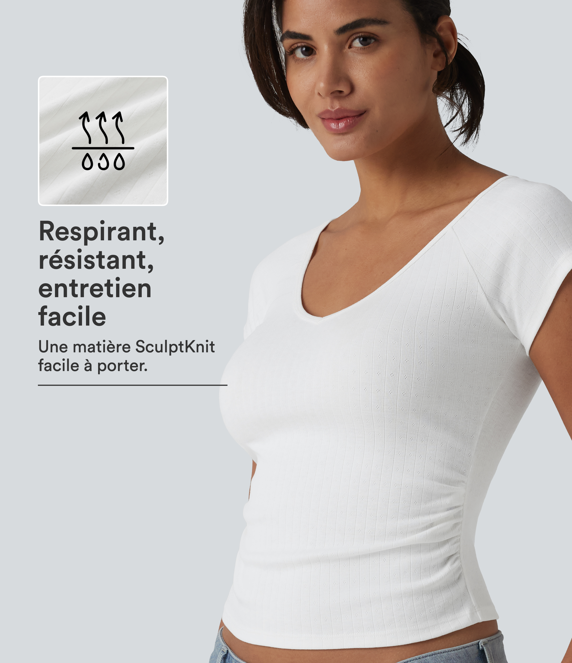 T-shirt col V manches courtes avec fronces