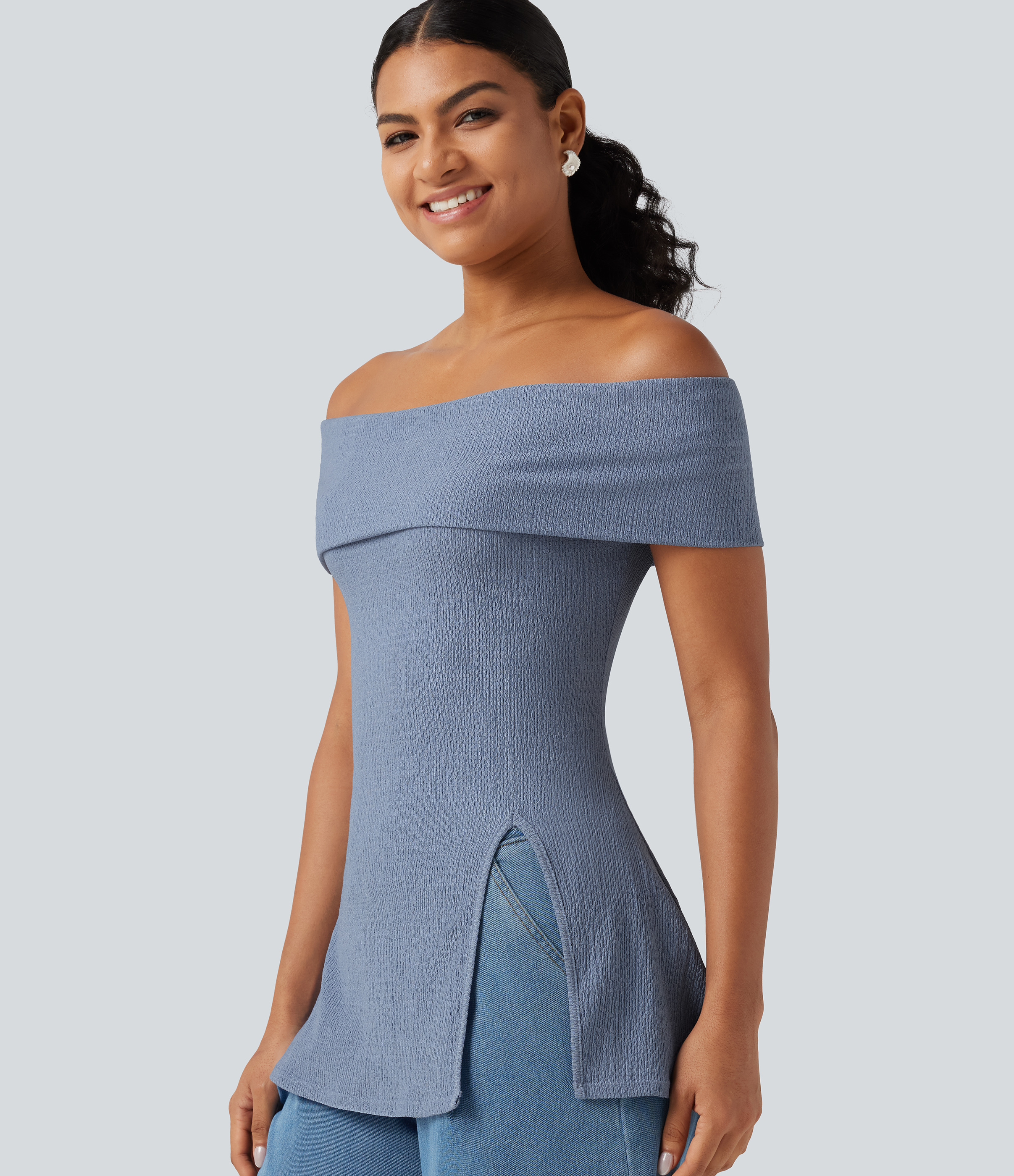Off Shoulder Short Sleeve Split Hem Casual Top