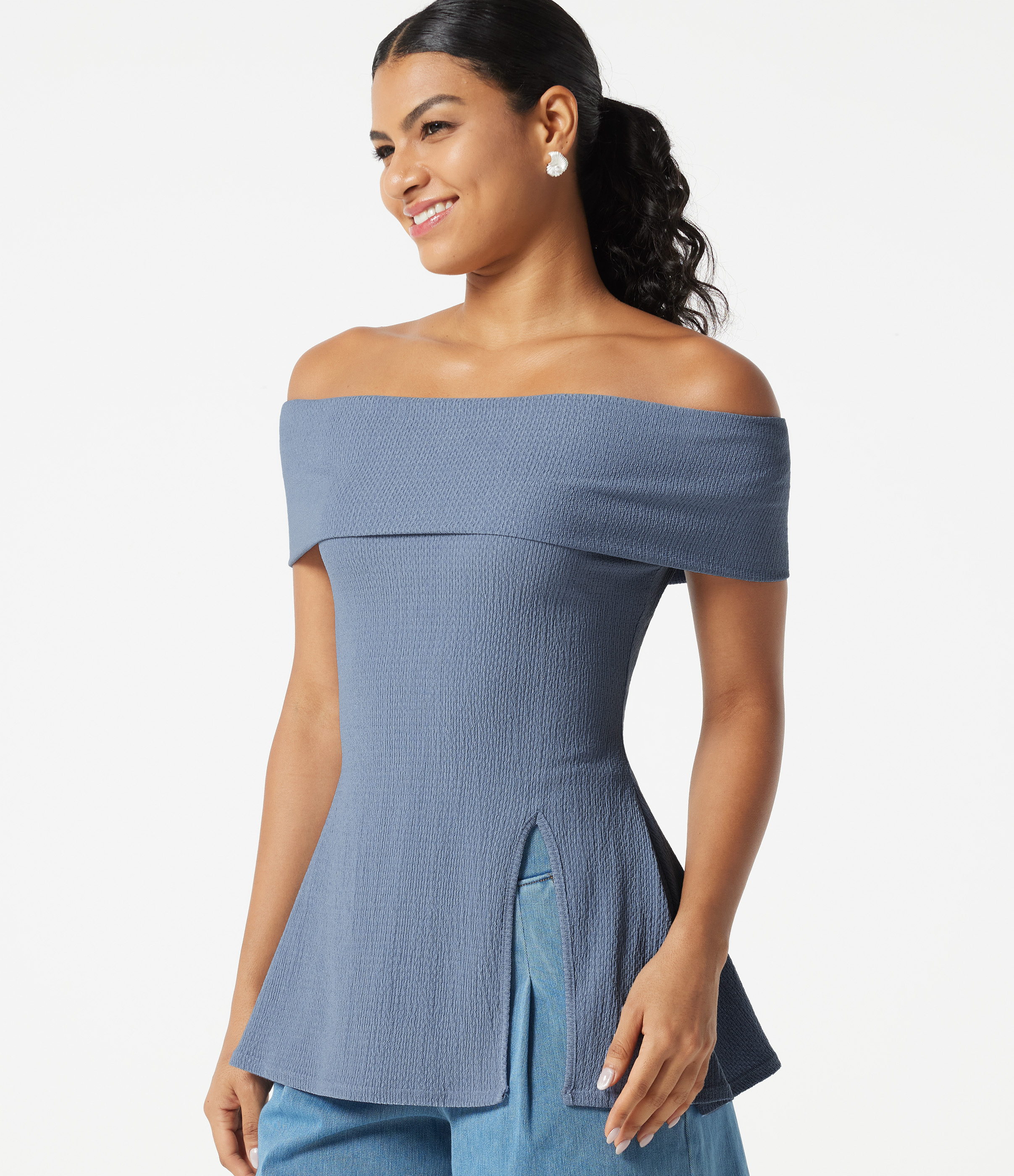 Off Shoulder Short Sleeve Split Hem Casual Top