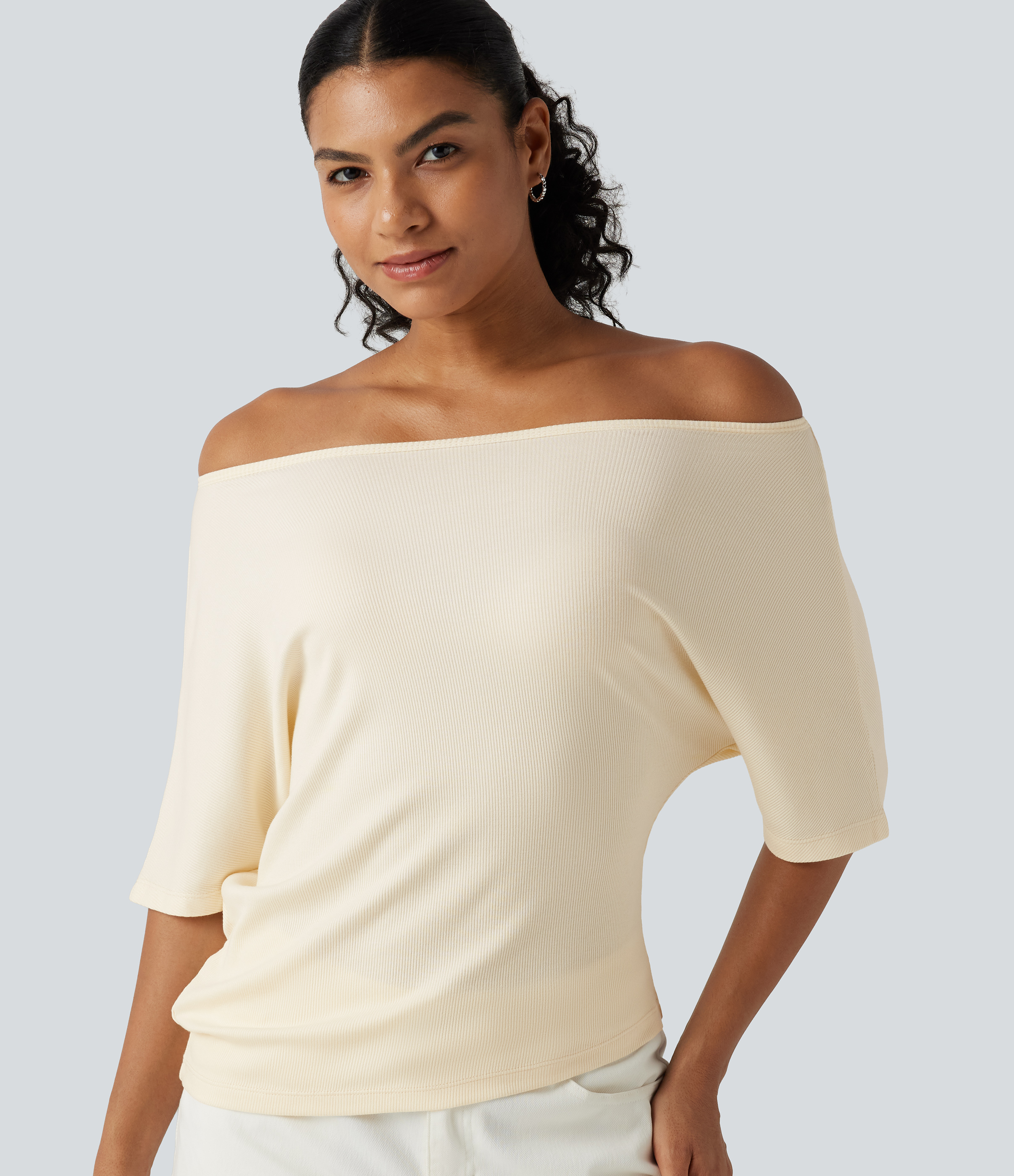 Ribbed Knit Off Shoulder Batwing Sleeve Casual Top