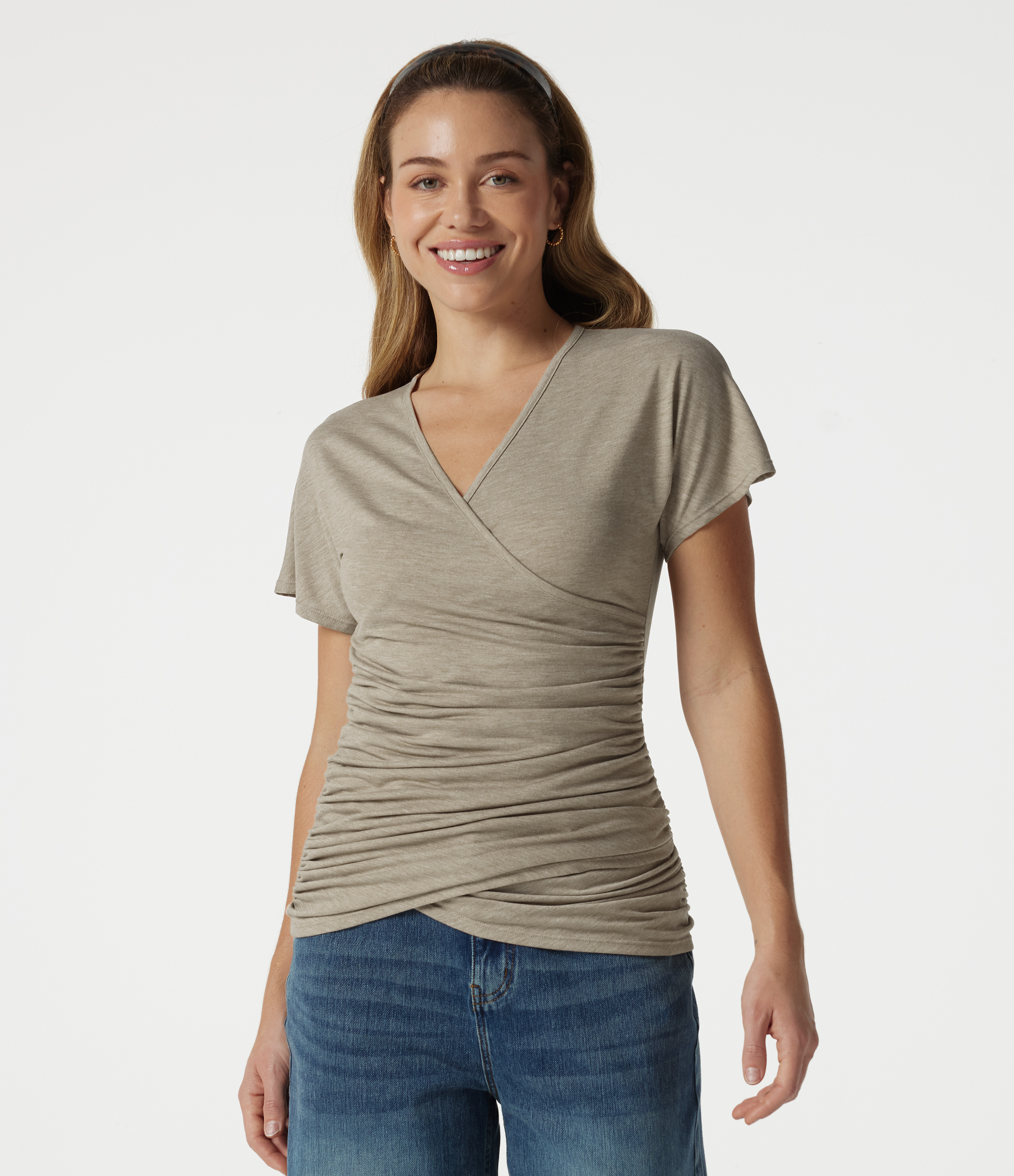 V Neck Short Sleeve Ruched Casual Top